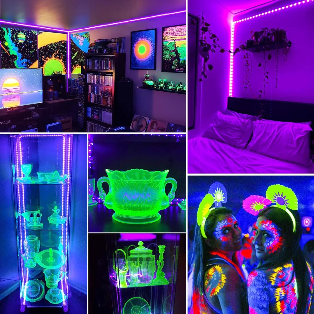 Tira de luz negra de 16.4 pies con enchufe USB + caja de batería, accesorio de luz negra adhesiva de 300 LED, funciona con batería y USB para fiesta
