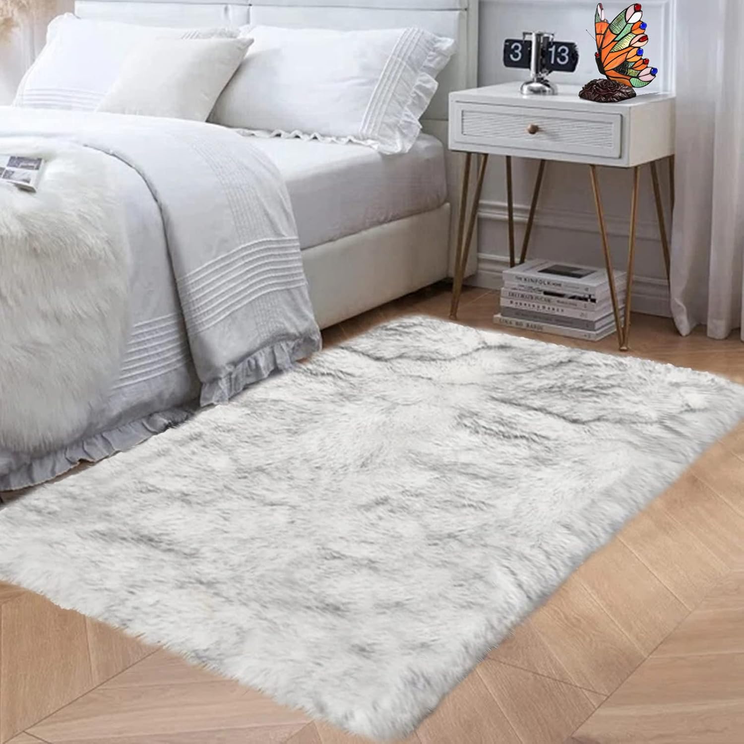 Goolela Alfombra peluda de 3 x 5 pies, con puntas blancas y grises, alfombra de pelo sintético para decoración de oficina, dormitorio, habitación,