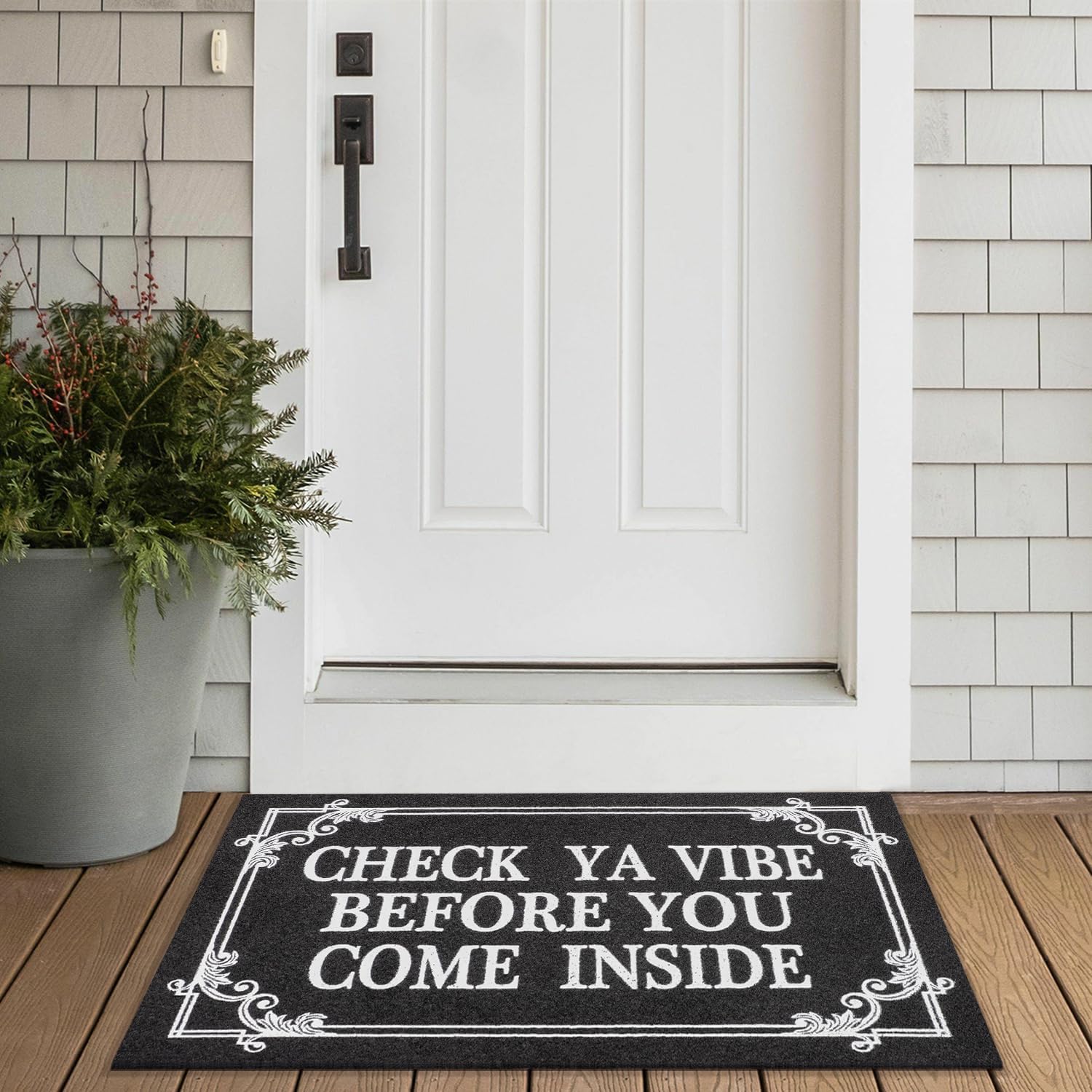 Tapete de bienvenida para puerta delantera, entrada al aire libre, negro, Check Ya Vibe Before You Come Inside This House Felpudo de goma