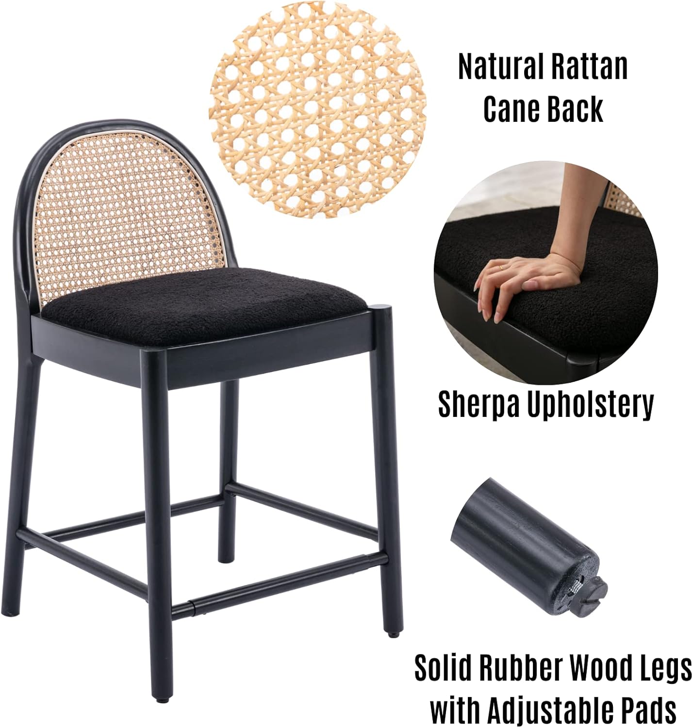 LukeAlon Juego de 2 taburetes de bar modernos de sherpa, de 26 pulgadas de altura de asiento, con patas de madera, caña de ratán natural, sillas de