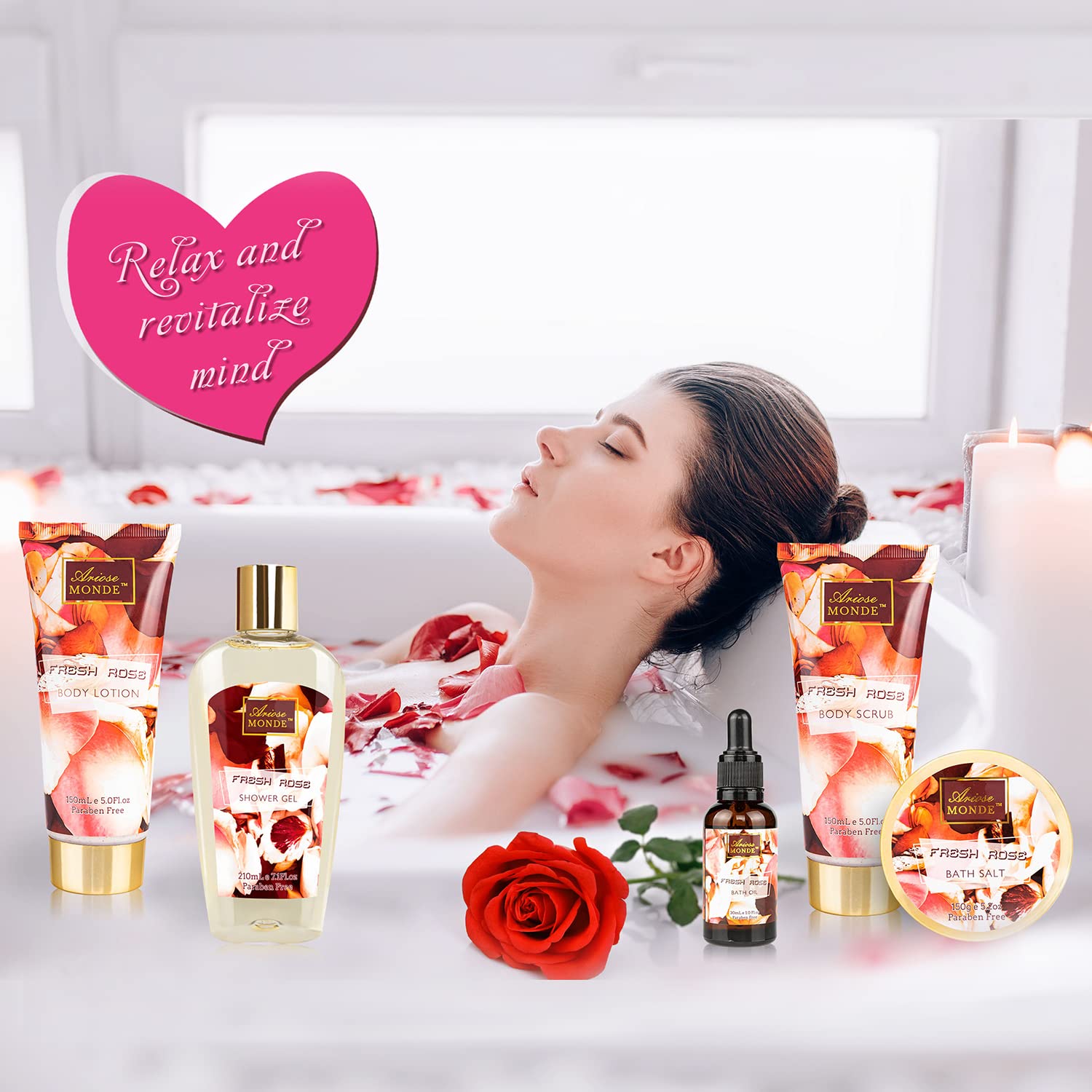 Juego de regalo para baño y cuerpo para mujeres y hombres, 10 cestas de regalo de spa con aroma a rosa fresca, incluye gel de ducha, baño de
