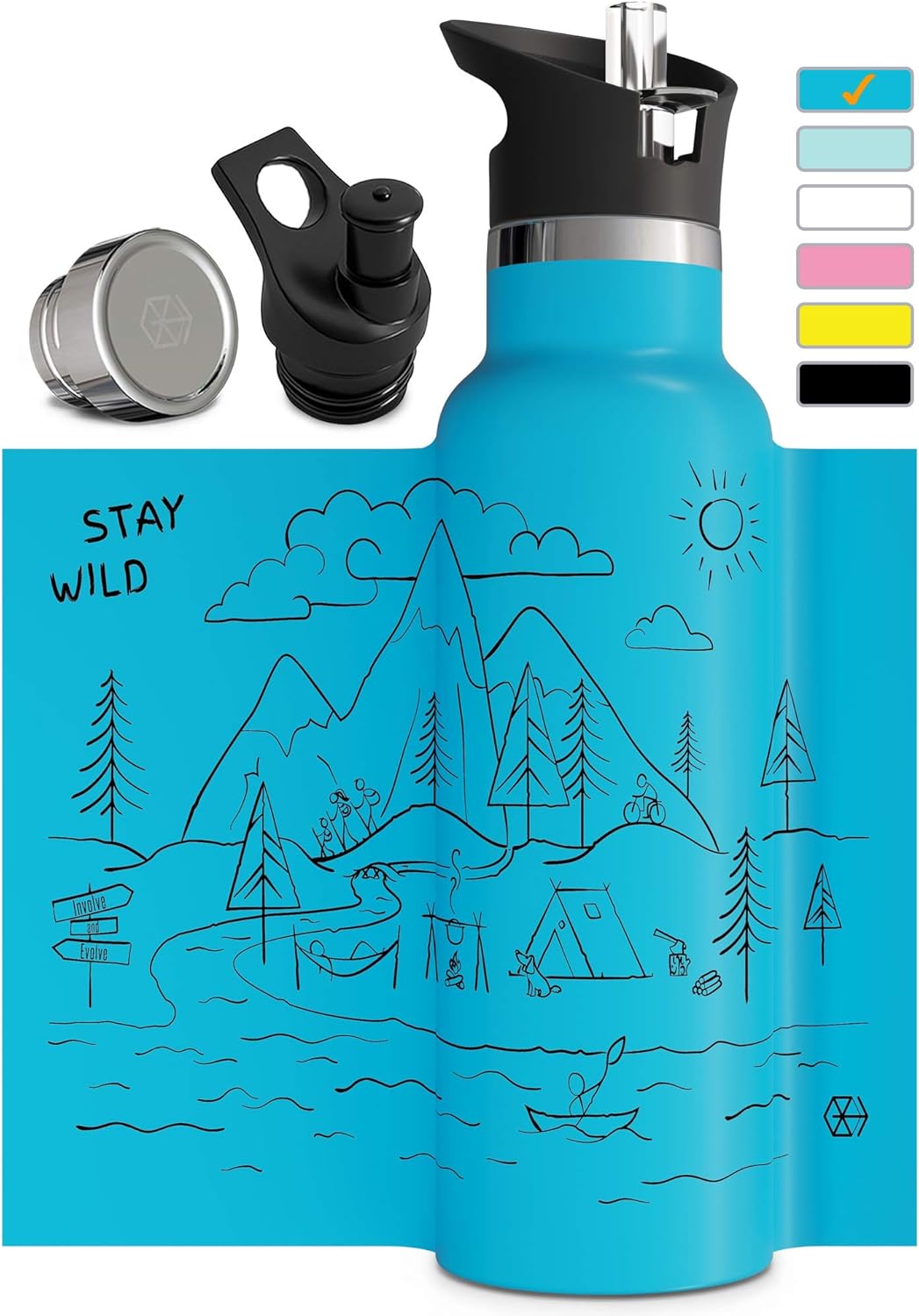 Botella de agua aislada al vacío de doble pared con tapa de pajilla y tapa deportiva, termo de acero inoxidable para niños simple, sin BPA,