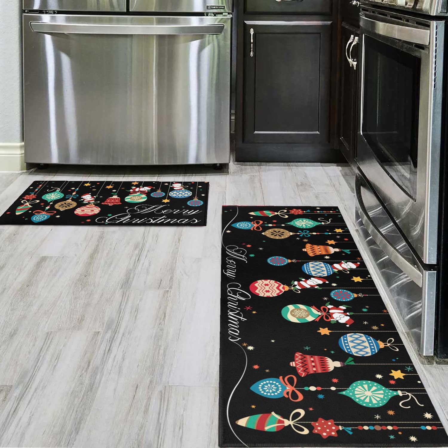 Alfombras y tapetes de cocina de Navidad, alfombras y tapetes negros de Navidad de Papá Noel, antideslizantes, lavables, tapetes navideños de bajo