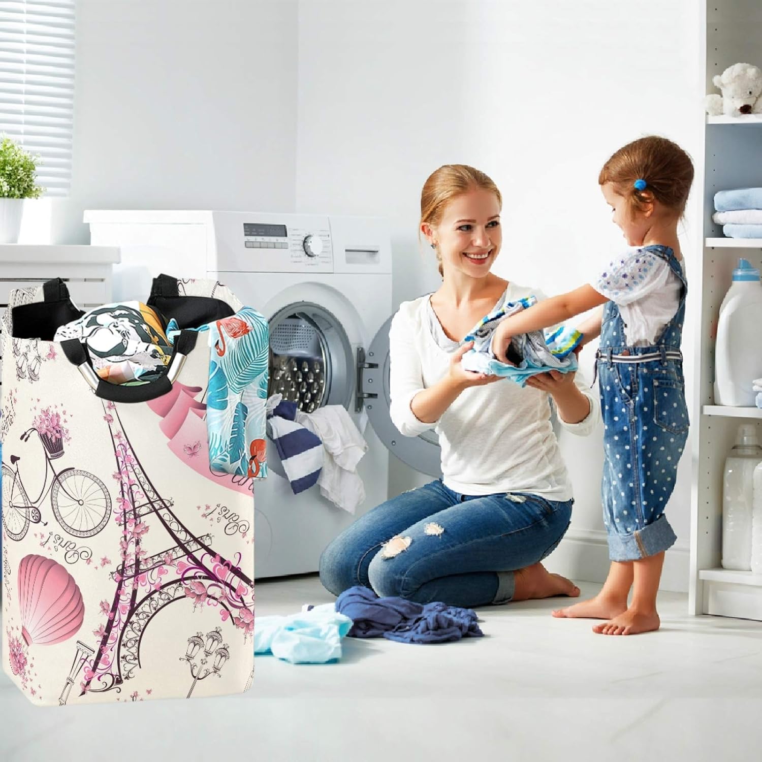 visesunny Cesta romántica de la Torre Eiffel de París de gran capacidad, resistente al agua, tela Oxford, cestas de almacenamiento para dormitorio,