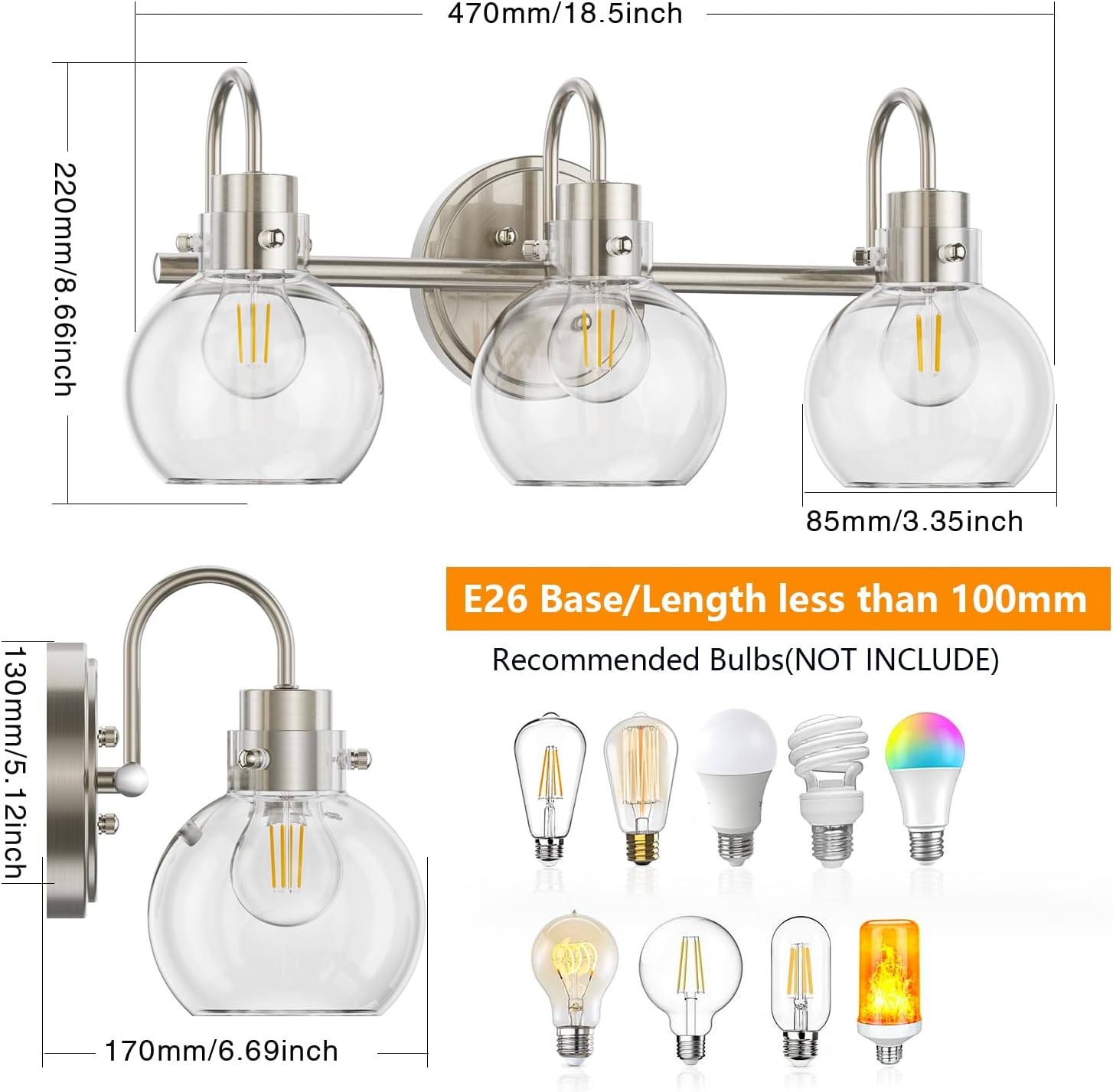 Lámpara de tocador de 3 luces, lámparas de baño de níquel cepillado, apliques de pared de granja con pantalla de vidrio transparente de globo,