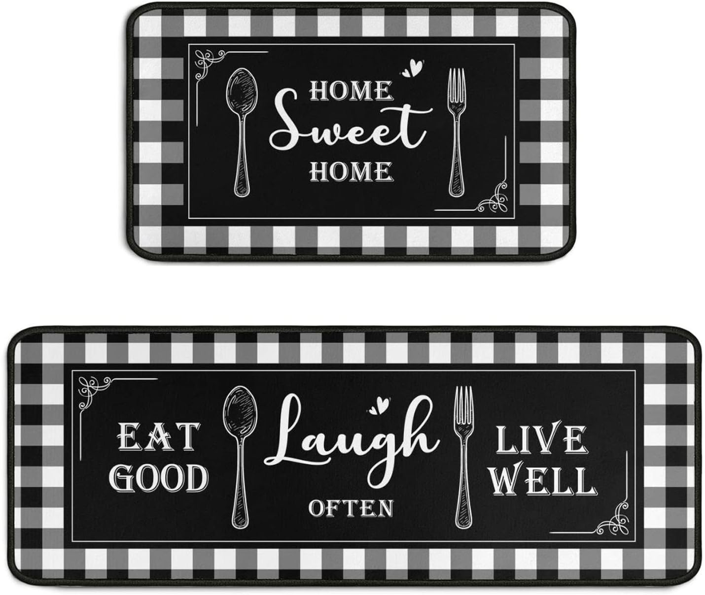 Juego de 2 alfombras de cocina a cuadros blancos y negros, antideslizantes, lavables, absorbentes, de microfibra, para el suelo, 17 x 47 + 17 x 30