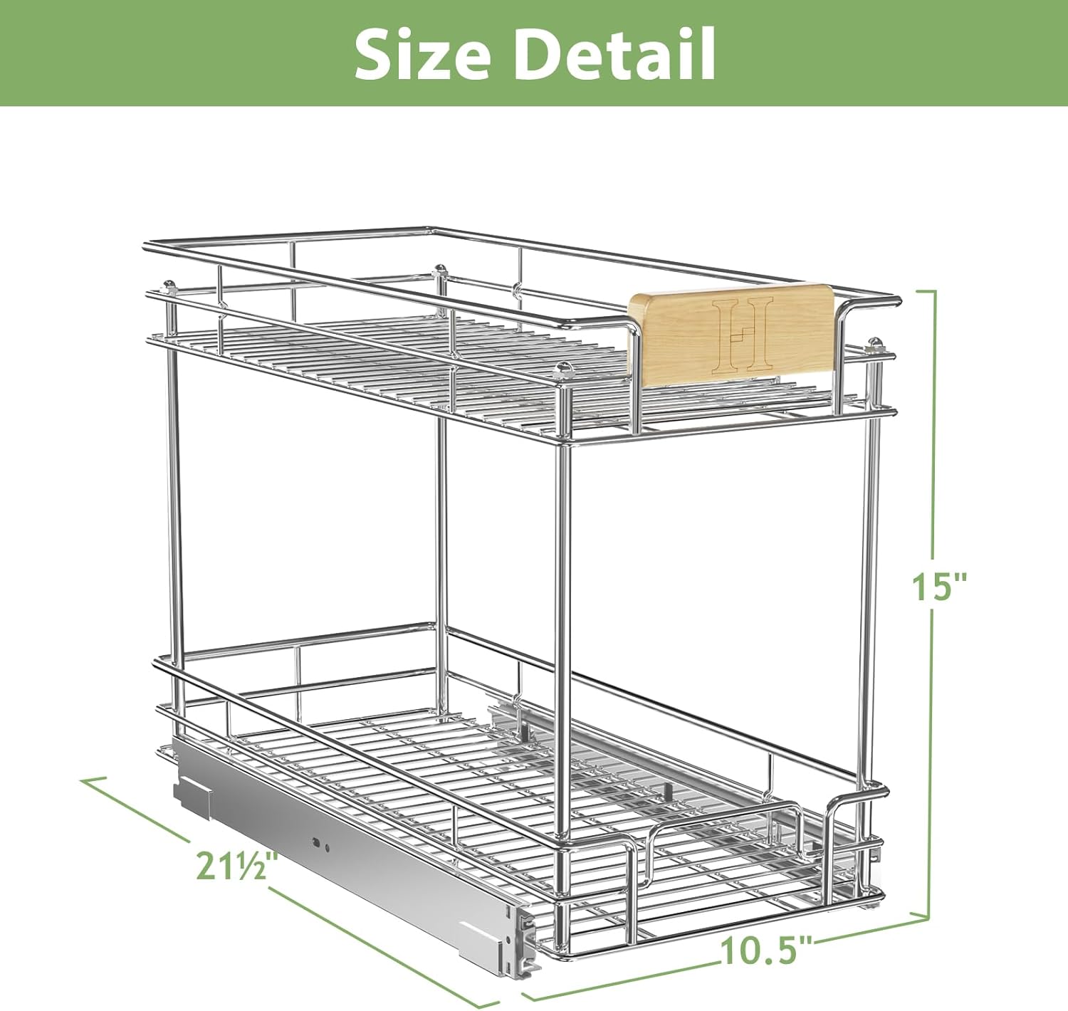 ROOMTEC Organizador de gabinete extraíble con mango de madera, 10 pulgadas de ancho x 21 pulgadas de profundidad, 2 niveles, cajones extraíbles para