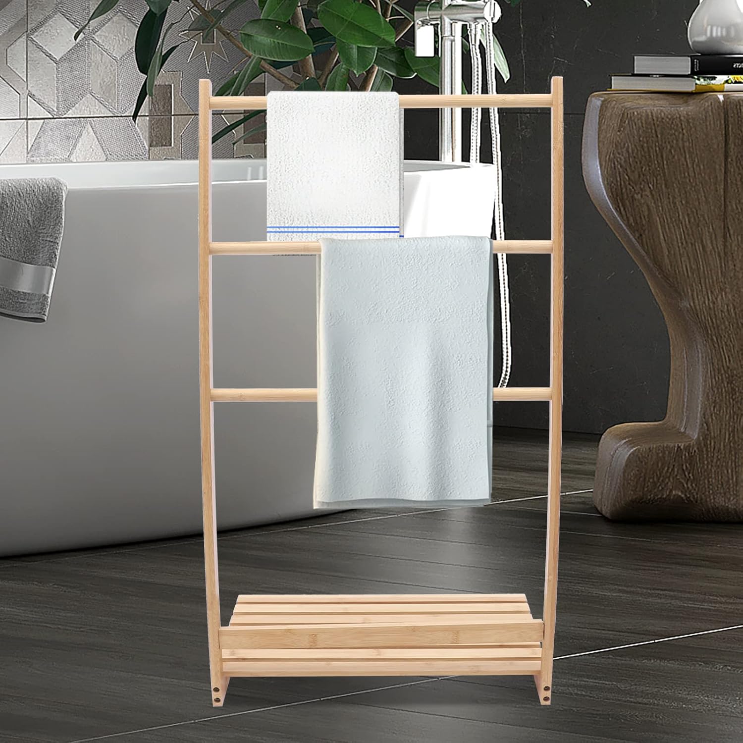 Toallero de bambú, 3 capas de perchas de ropa para el hogar, toallero independiente para suelo de baño, sostiene toallas de baño y toallas de mano,