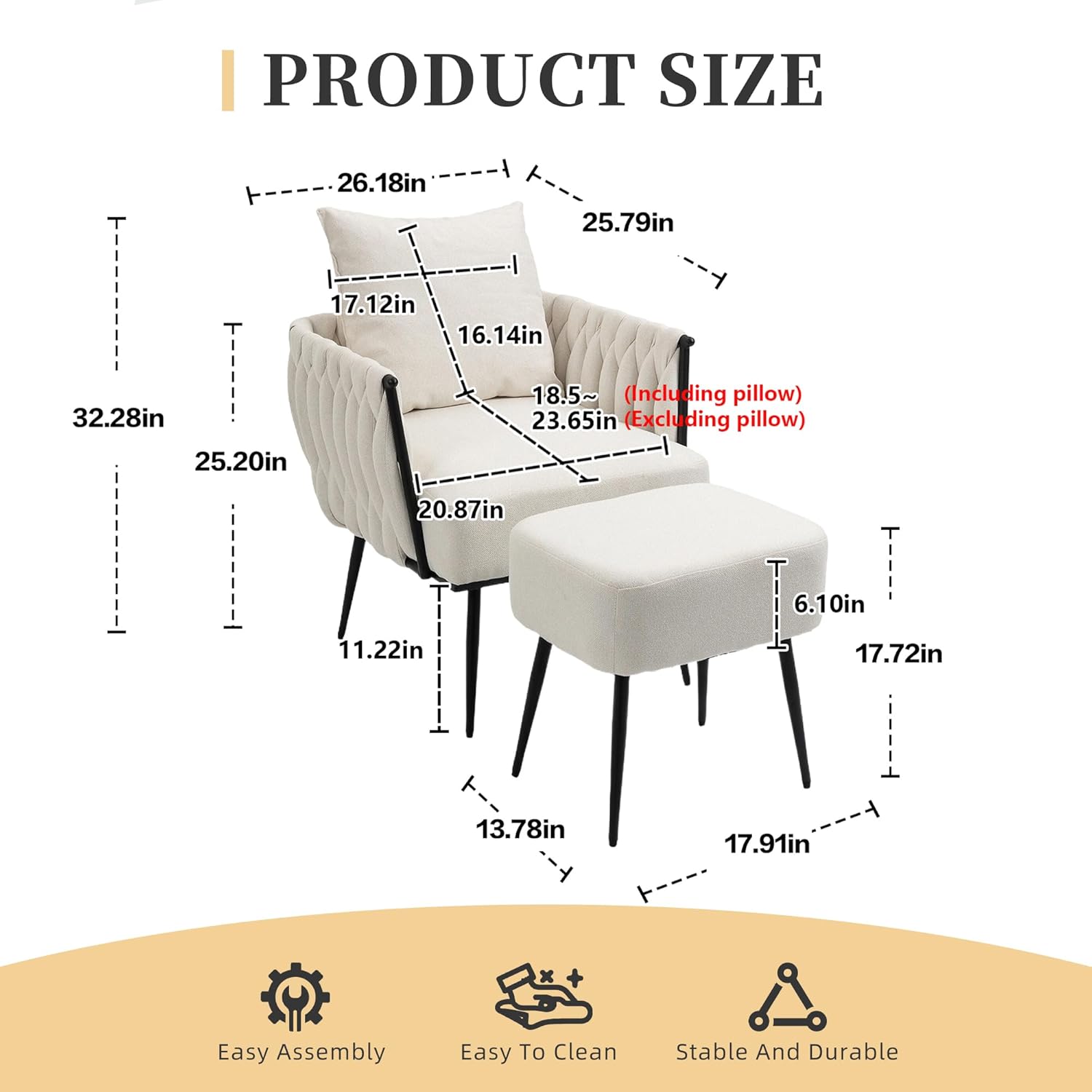 Silla de barril con acento copetudo, silla moderna con otomana de almacenamiento, sillón acolchado suave con marco de metal para sala de estar,
