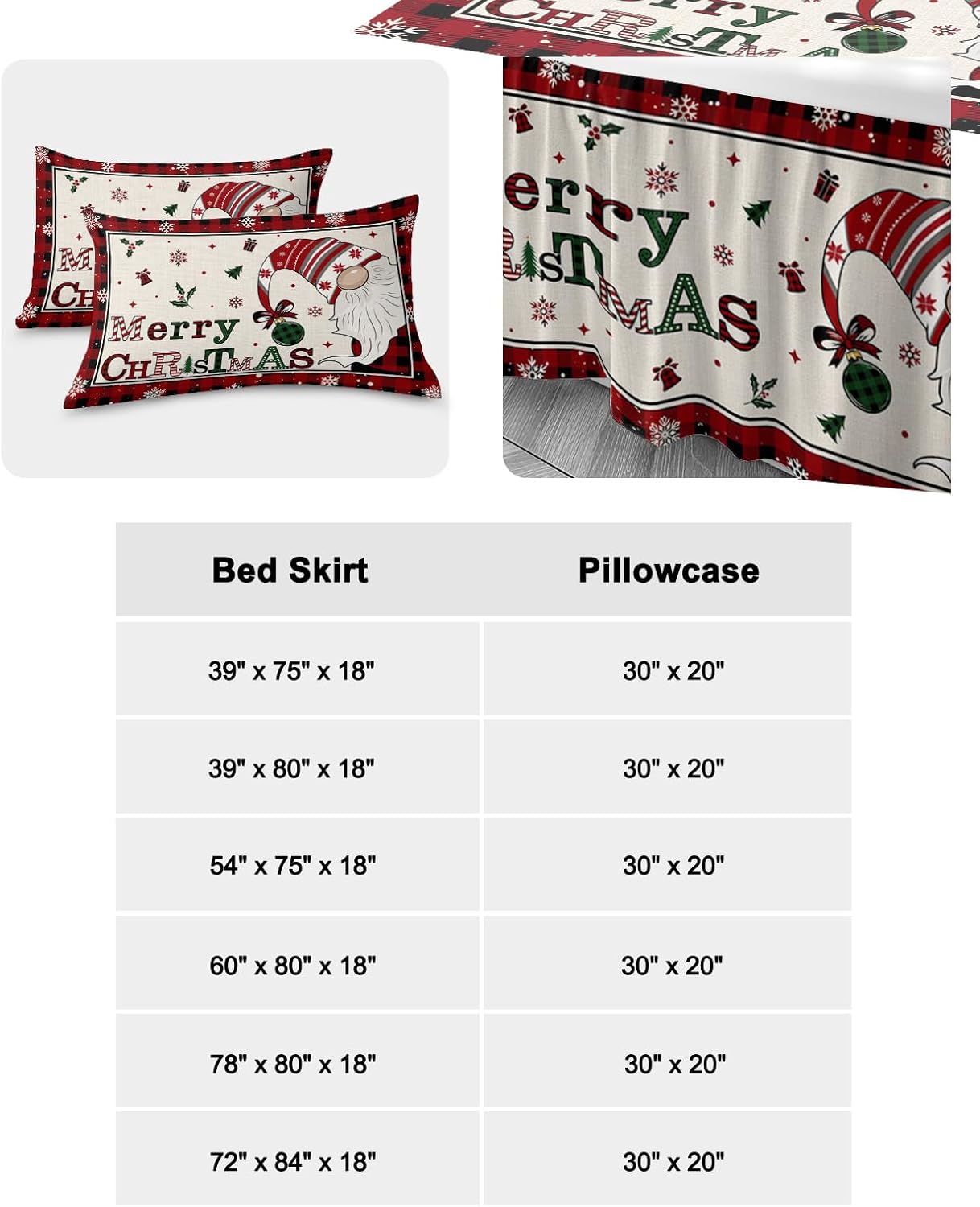 Juego de sábanas de falda de cama de Navidad, 1 sábana y 2 fundas de almohada, falda de cama tamaño King de 18 pulgadas de caída, gnomos a cuadros
