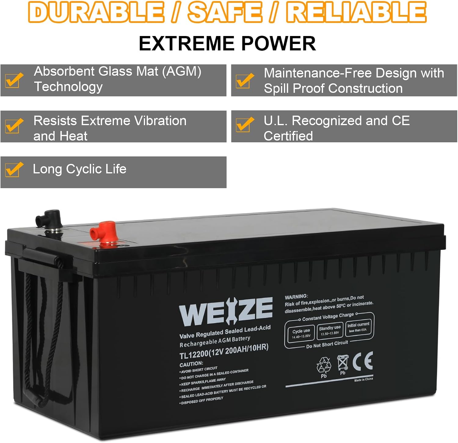 WEIZE AGM – Batería 4D de tamaño grupal, batería de ciclo profundo de 12 voltios y 200 Ah perfecta para RV, caravana, campamento, remolques,