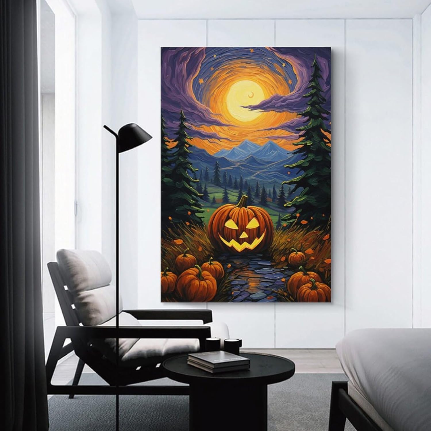 Póster de noche estrellada de Van Gogh con diseño de calabaza, lienzo divertido y estético, decoración de pared de bosque de fantasía, pósteres e