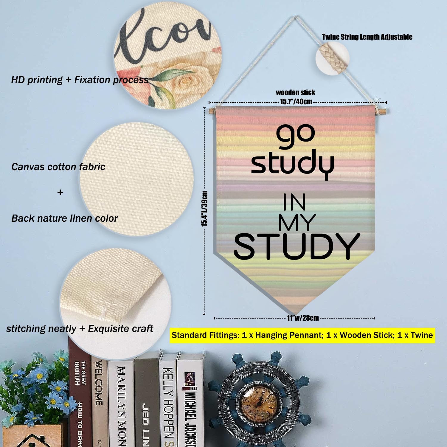 Decoración para el aula, póster decorativo con texto en inglés Go Study in My Study, banderín colgante para puerta, cartel colorido con citas