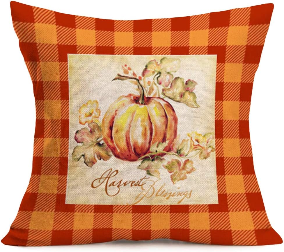 Fukeen Juego de 4 fundas de almohada retro a cuadros de búfalo naranja a cuadros de calabaza, decoración de cosecha de otoño, hojas de arce,