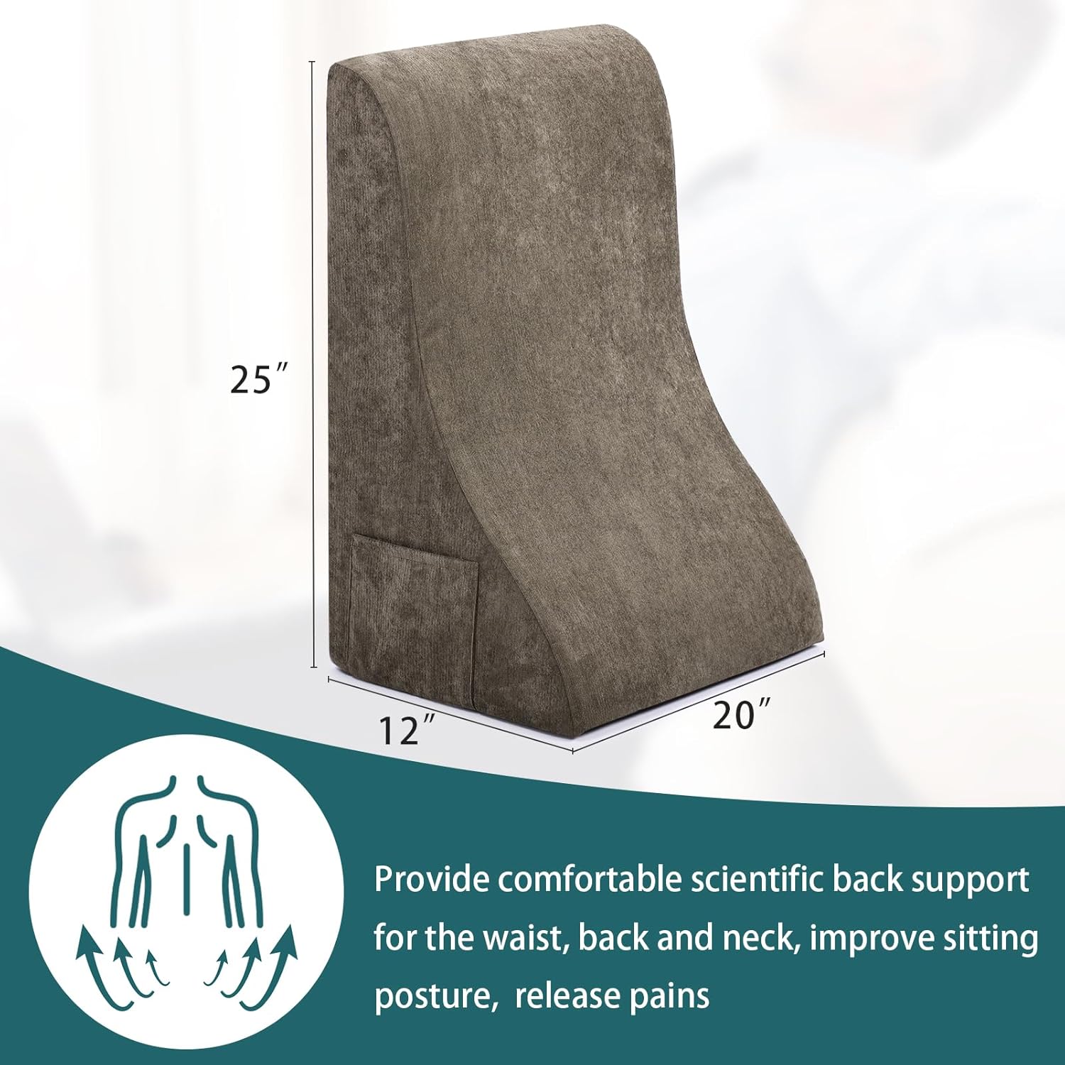 baibu Almohada de cuña de cama de 25 x 20 pulgadas para aliviar el dolor de espalda, piernas y rodilla, soporte de espalda para sentarse en la