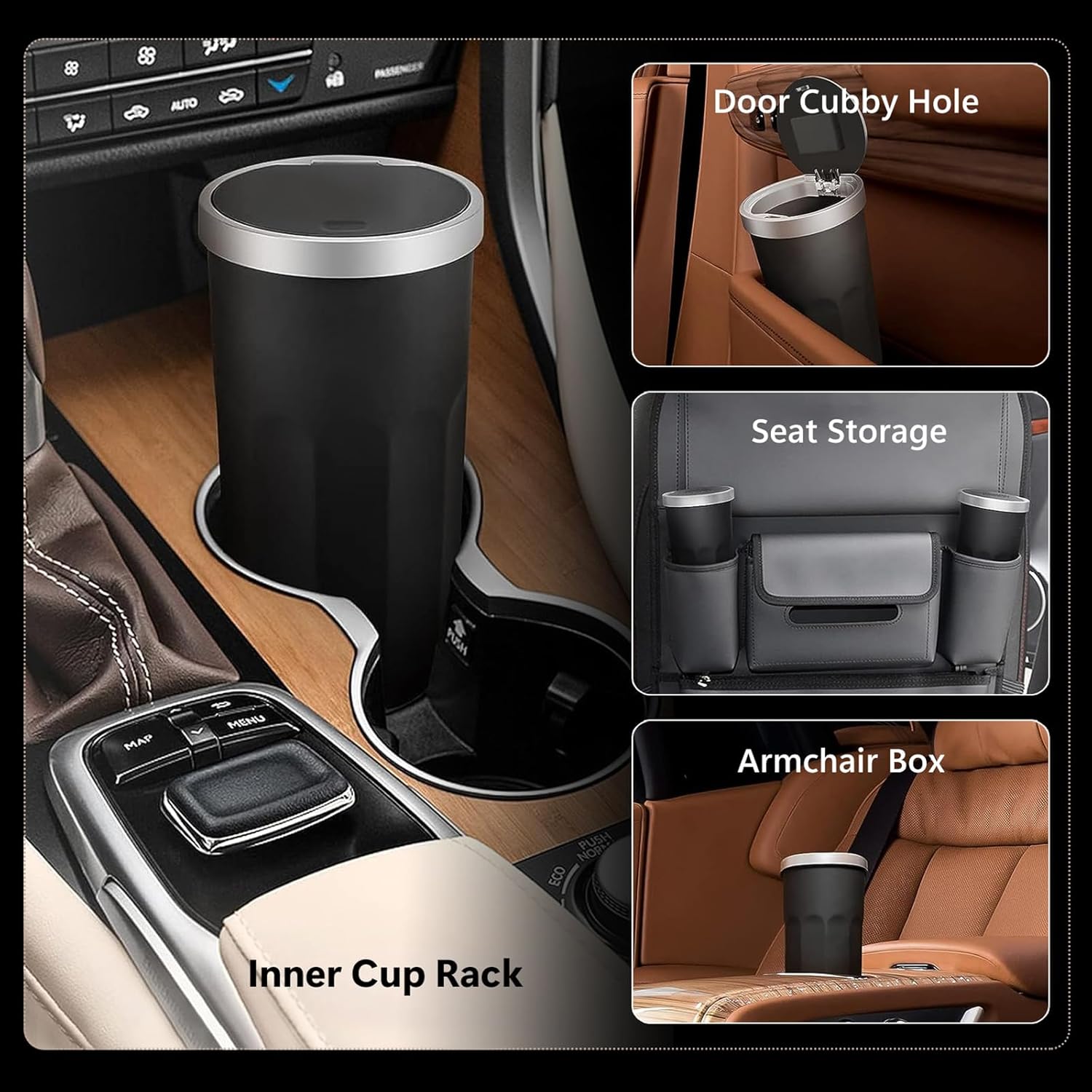 ZKFAR 1 bote de basura para automóvil con tapa, soporte para vasos, cubo de basura de diseño a presión para abrir, cubo de basura portátil
