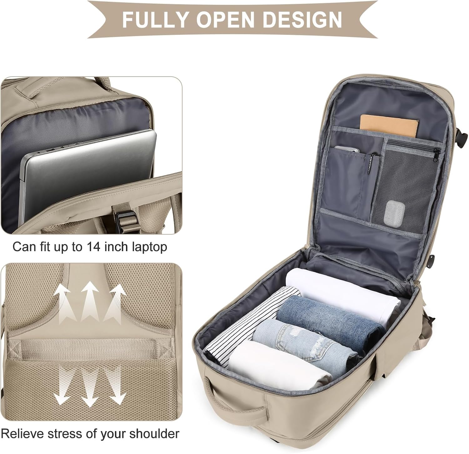 coowoz Mochila de viaje grande para mujeres y hombres,Mochila de transporte,Mochila de senderismo impermeable para deportes al aire libre, Caqui,