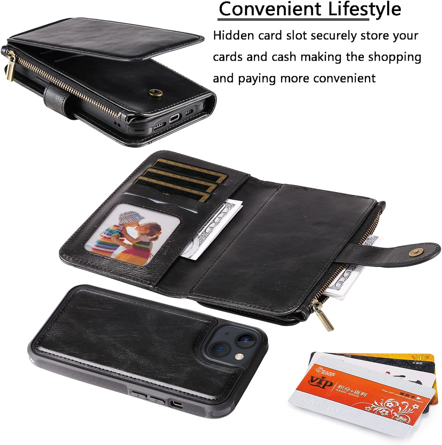Asuwish Funda de teléfono para iPhone 13 Mini de 5.4 pulgadas con cremallera, funda desmontable con protector de pantalla de vidrio templado y