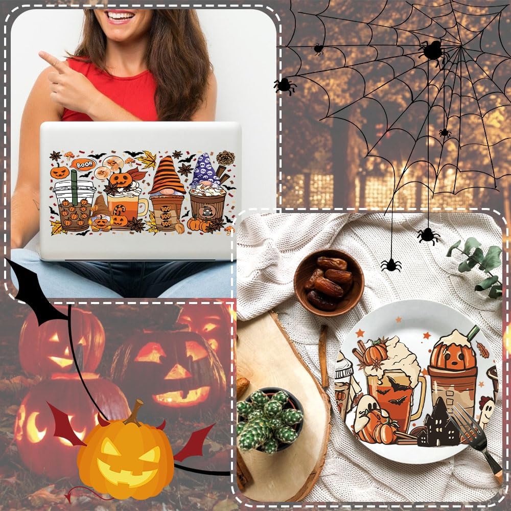 Envoltura de taza Uv Dtf, 10 hojas de calcomanías temáticas de Halloween para tazas de vidrio UV Dtf frotar en transferencias para manualidades,
