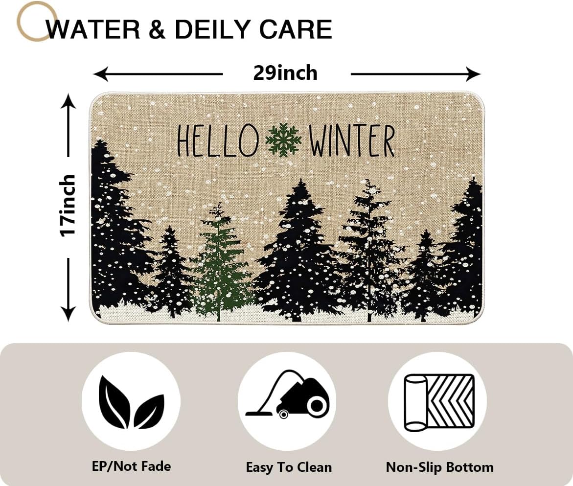 Tapete de árbol negro de Navidad, tapete para puerta de invierno, bosque frío, copos de nieve, tapete delantero de bajo perfil, tapete de Navidad