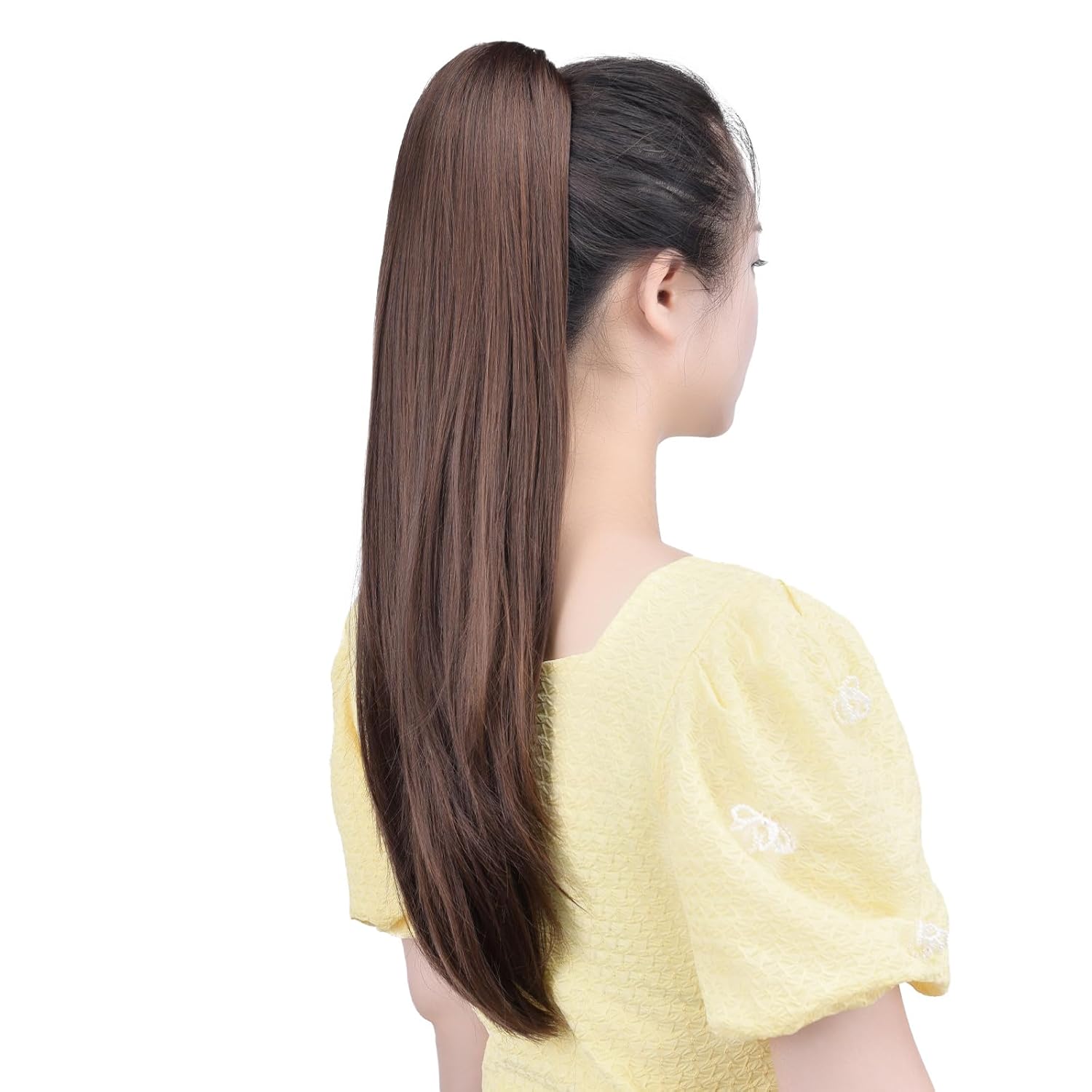 Extensión de cola de caballo marrón sintético clip garra cola de caballo 22 pulgadas recta 5.5 oz falsos postizos mujeres Yaki Fluffy enredado