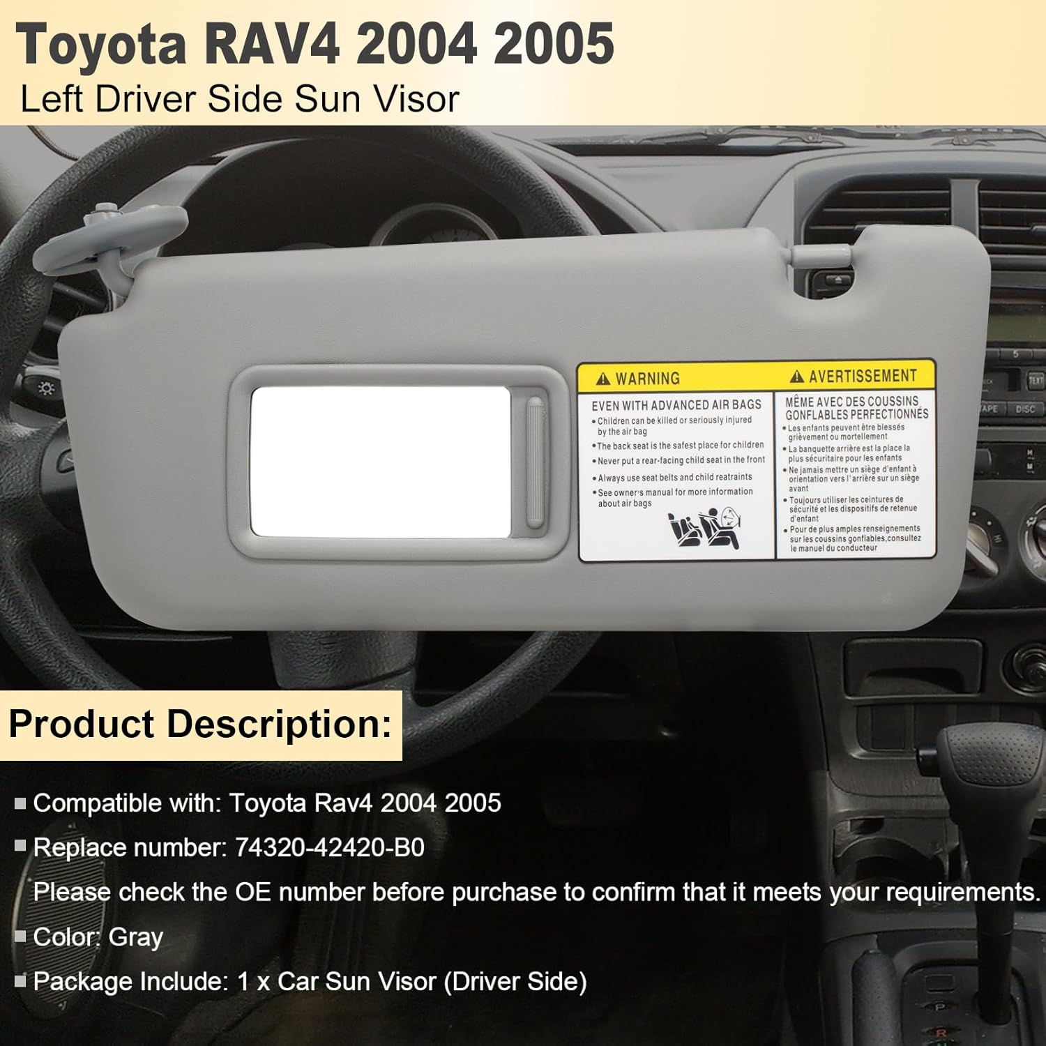 NHILES Visera solar del lado izquierdo del conductor compatible con Toyota Rav4 2004 2005 número OEM de repuesto 74320-42420-B0 color gris