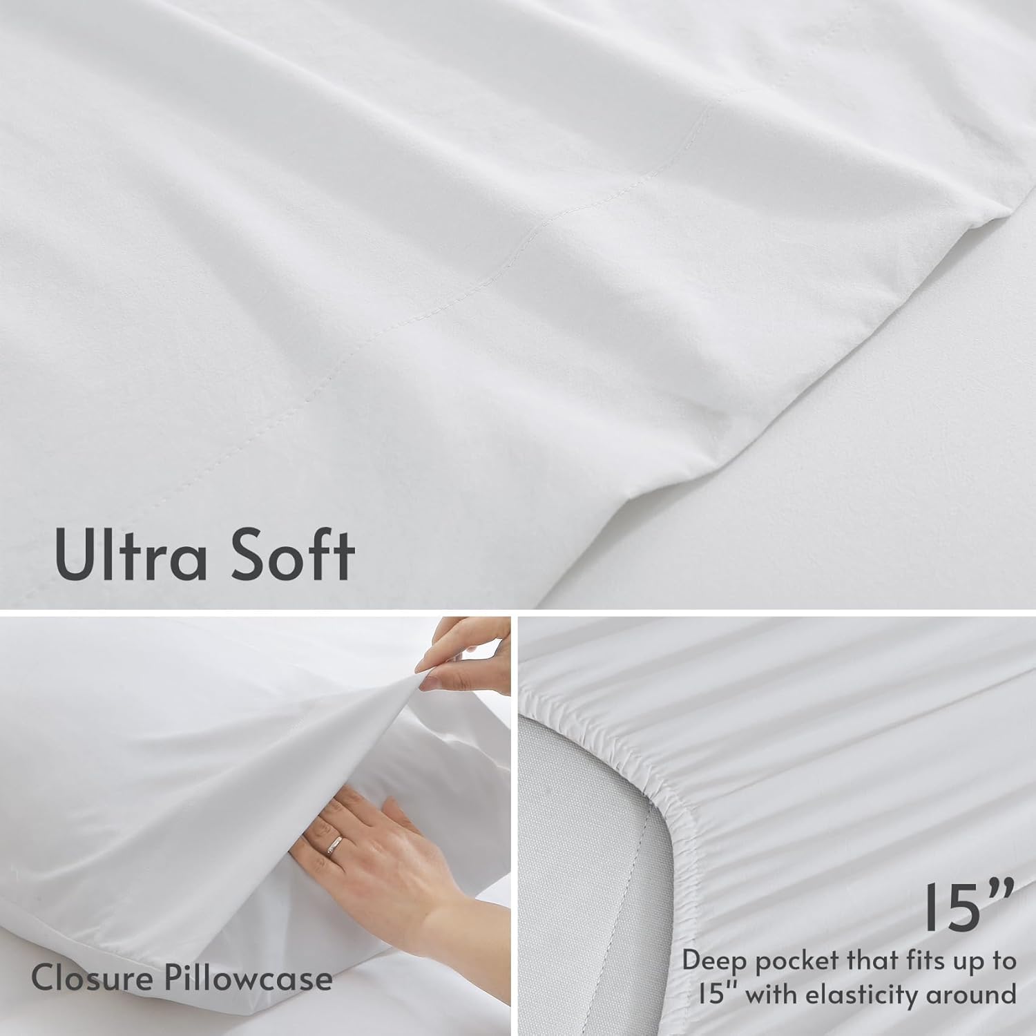 JOLLYVOGUE Sábanas de cama Queen de 4 piezas, juego de sábanas blancas para dormitorio con 14 bolsillos profundos, sábanas refrescantes con 1 sábana