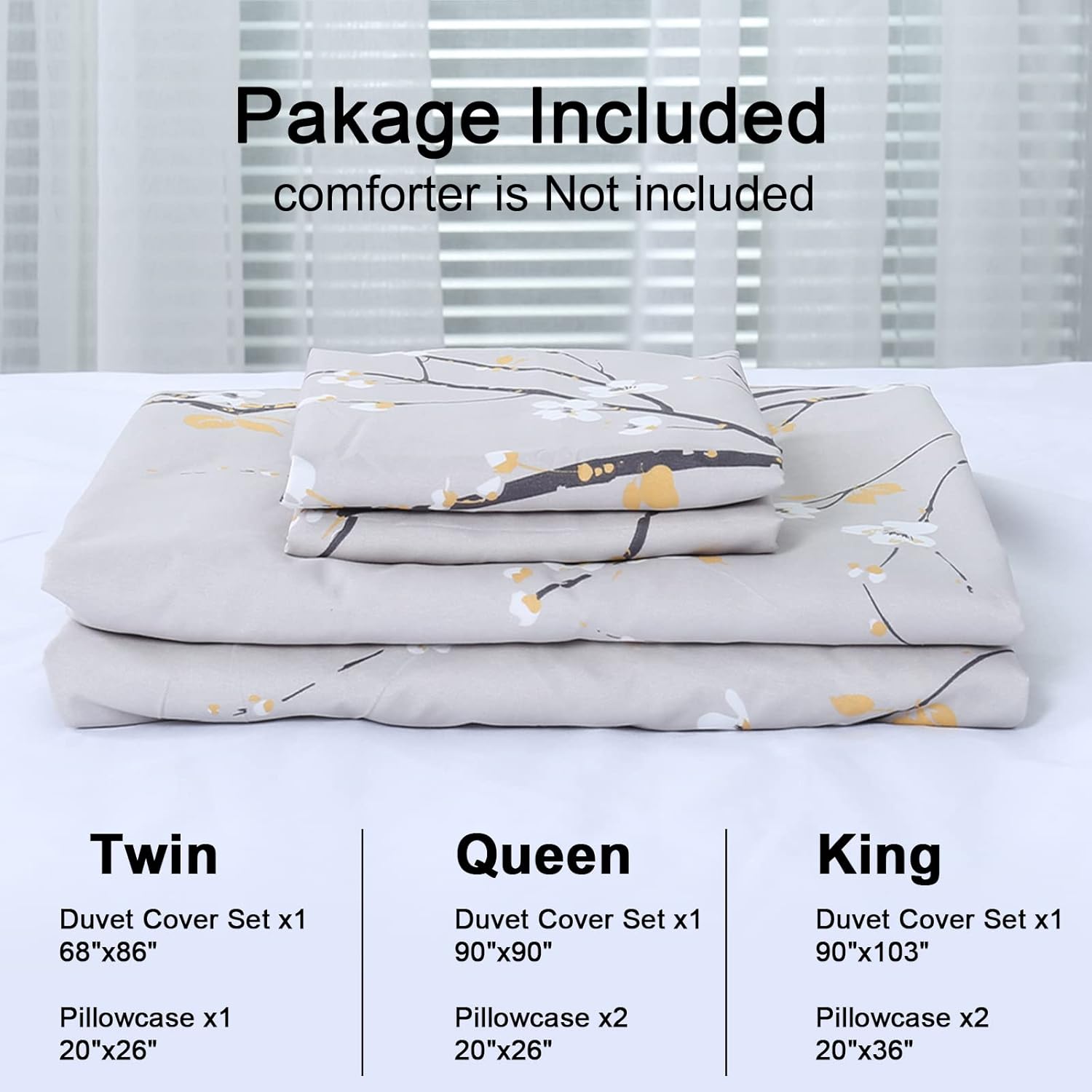 WONGS BEDDING Juego de funda de edredón gris tamaño individual, juego de ropa de cama con estampado de flor de ciruelo con 1 funda de almohada, 2