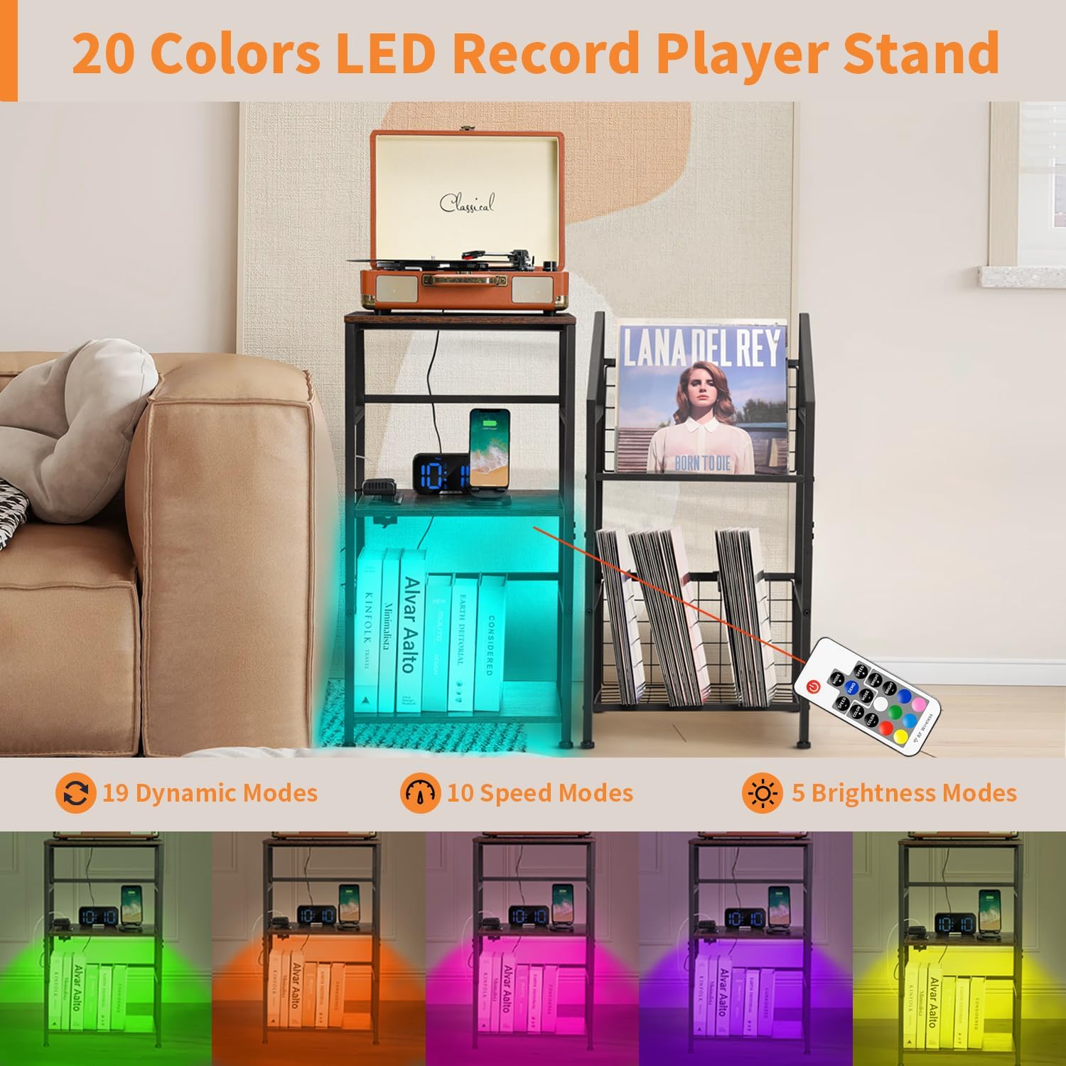 LAKEMID Soporte para tocadiscos con almacenamiento de vinilo, soporte giratorio de 3 capas y soporte de disco de vinilo de acero, mesas auxiliares