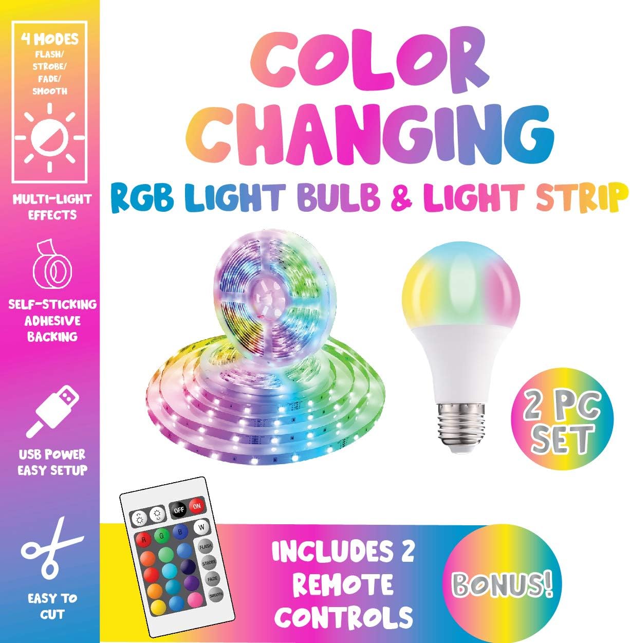 Gabba Goods Bombilla LED RGB que cambia de color y tira de luz LED RGB multicolor de 6 pies de largo, paquete de 2