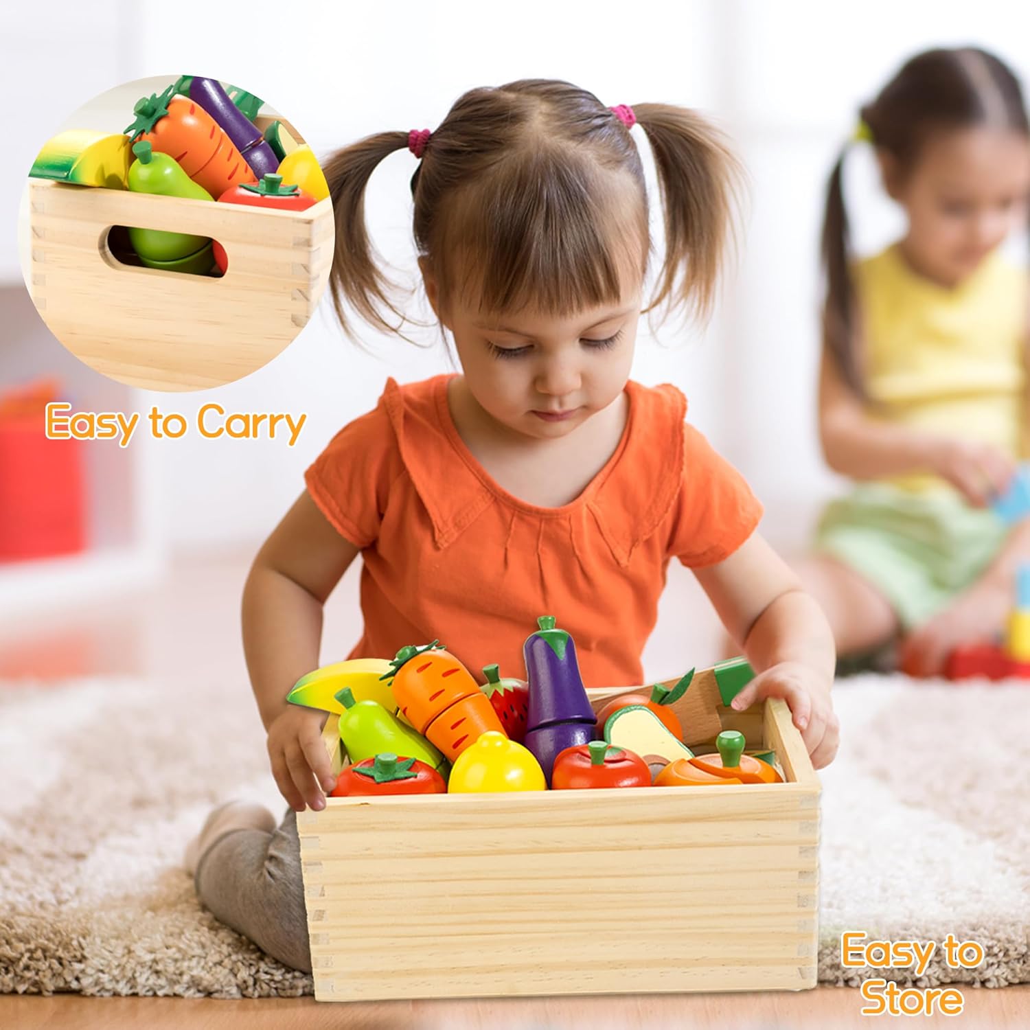 Comida de madera para niños pequeños, juego de corte de frutas y verduras con velcro para niños, accesorios de cocina para niños y niñas de 3, 4, 5,