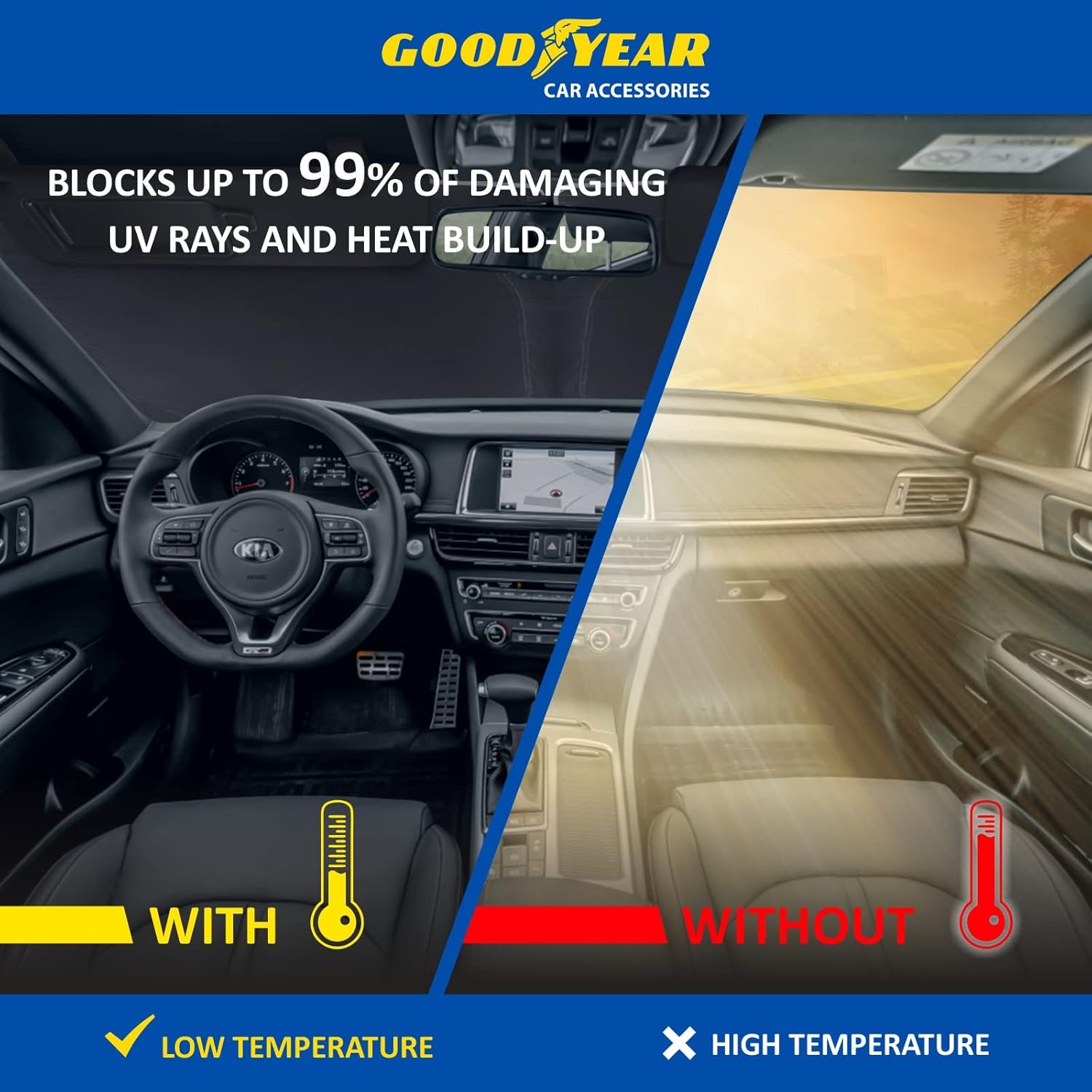 Goodyear GY008233 – Parasol plegable para parabrisas de automóvil, ajuste personalizado, protección UV, protector solar del vehículo, parasol para