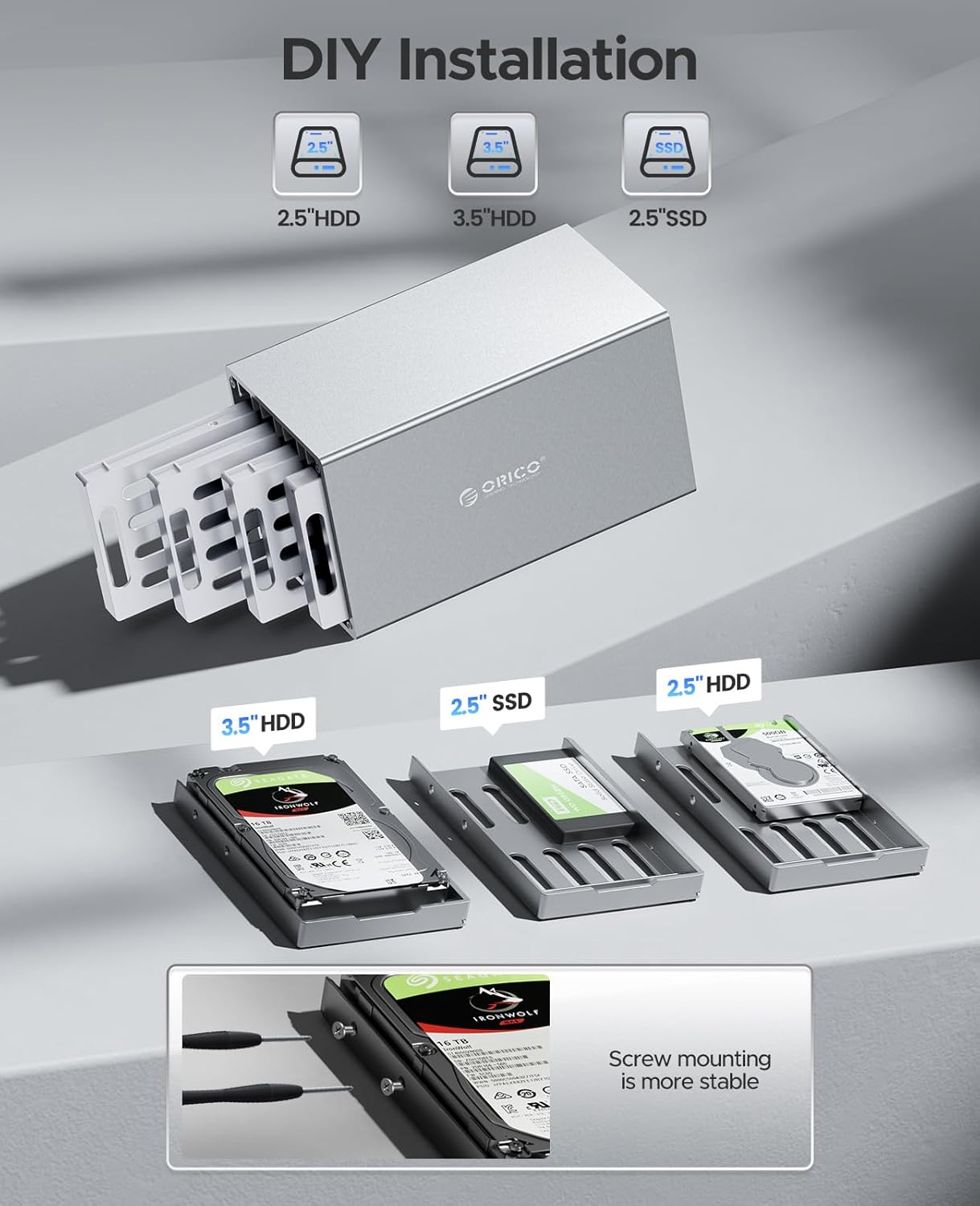 ORICO Caja de disco duro RAID de 4 bahías USB C Soporte independiente de aluminio 3.5 pulgadas Bahía de disco duro externo para 2.5”3.5”HDDSSD