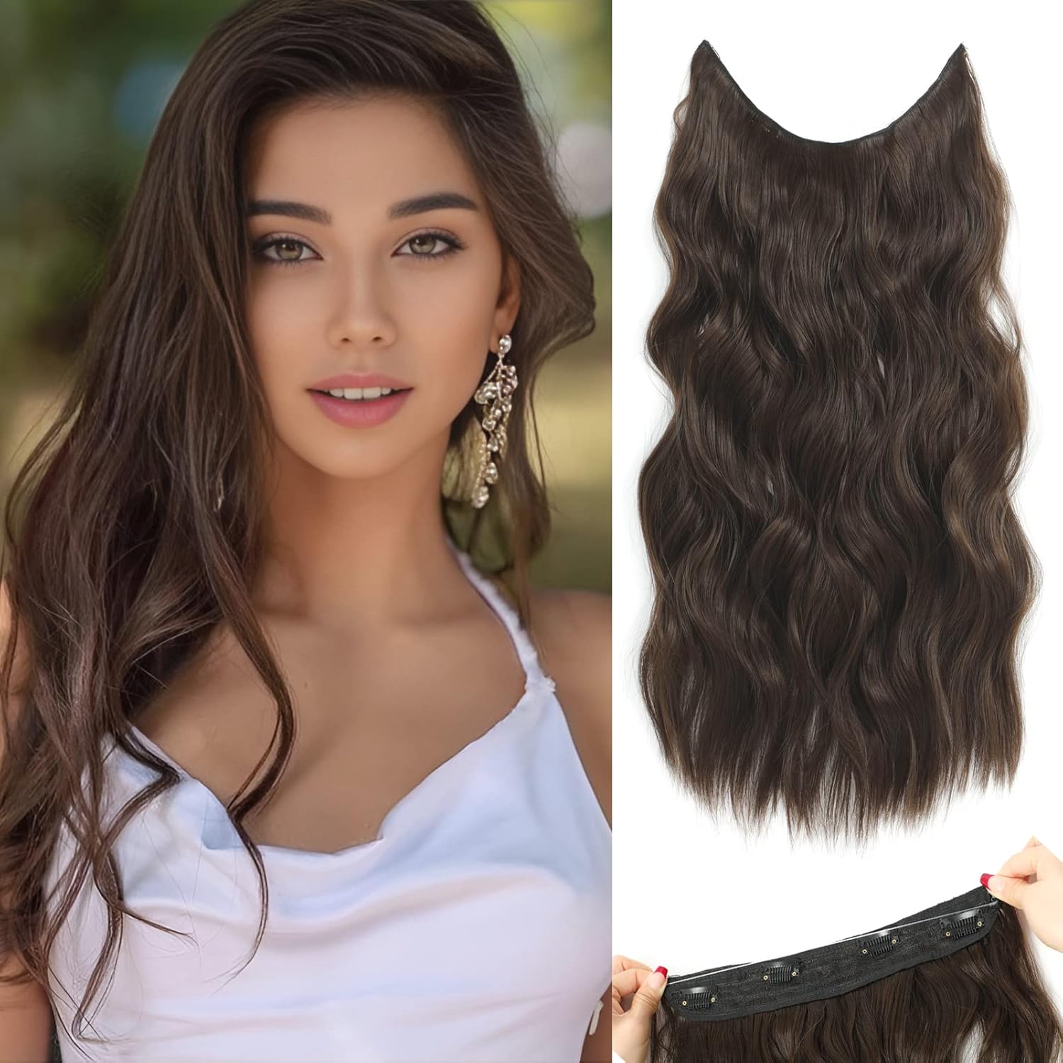 Extensiones de cabello tipo halo con diadema transparente ajustable, tamaño 4, clips de seguridad, largos, ondulados, alambre invisible, extensiones
