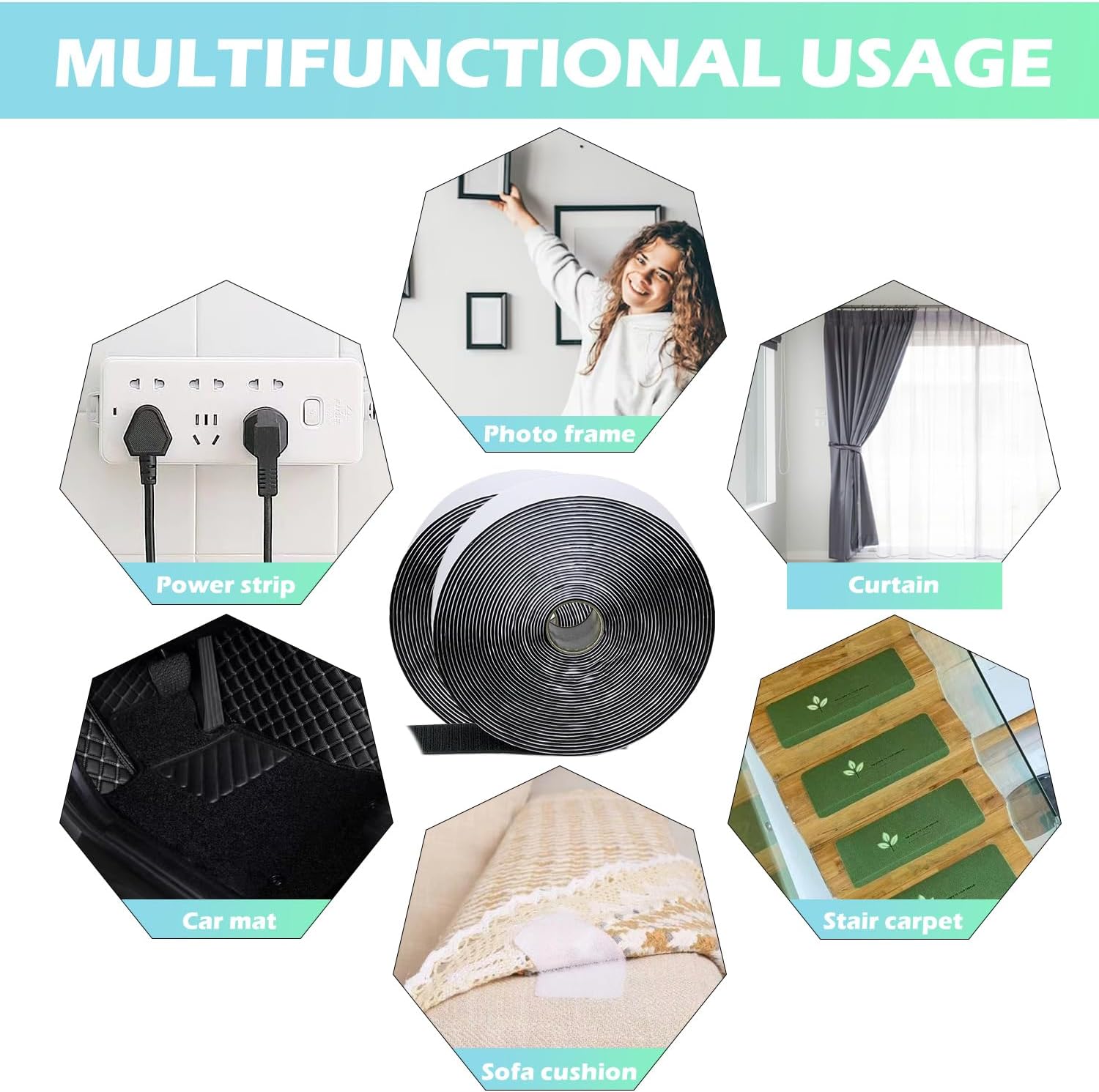 Cinta de gancho y bucle de 30 pies x 1 pulgada, cinta adhesiva de nailon resistente con adhesivo para escuela, hogar y exteriores (negro, 1 pulgada)