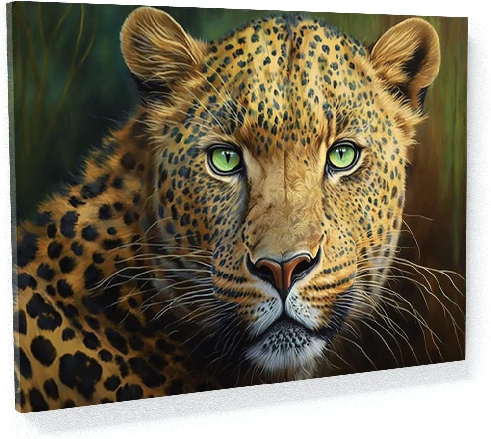 Sense Canvas Arte en lienzo con retrato de leopardo verde 2  Decoración del hogar para pared, póster grande 40 x 30  0.75 pulgadas