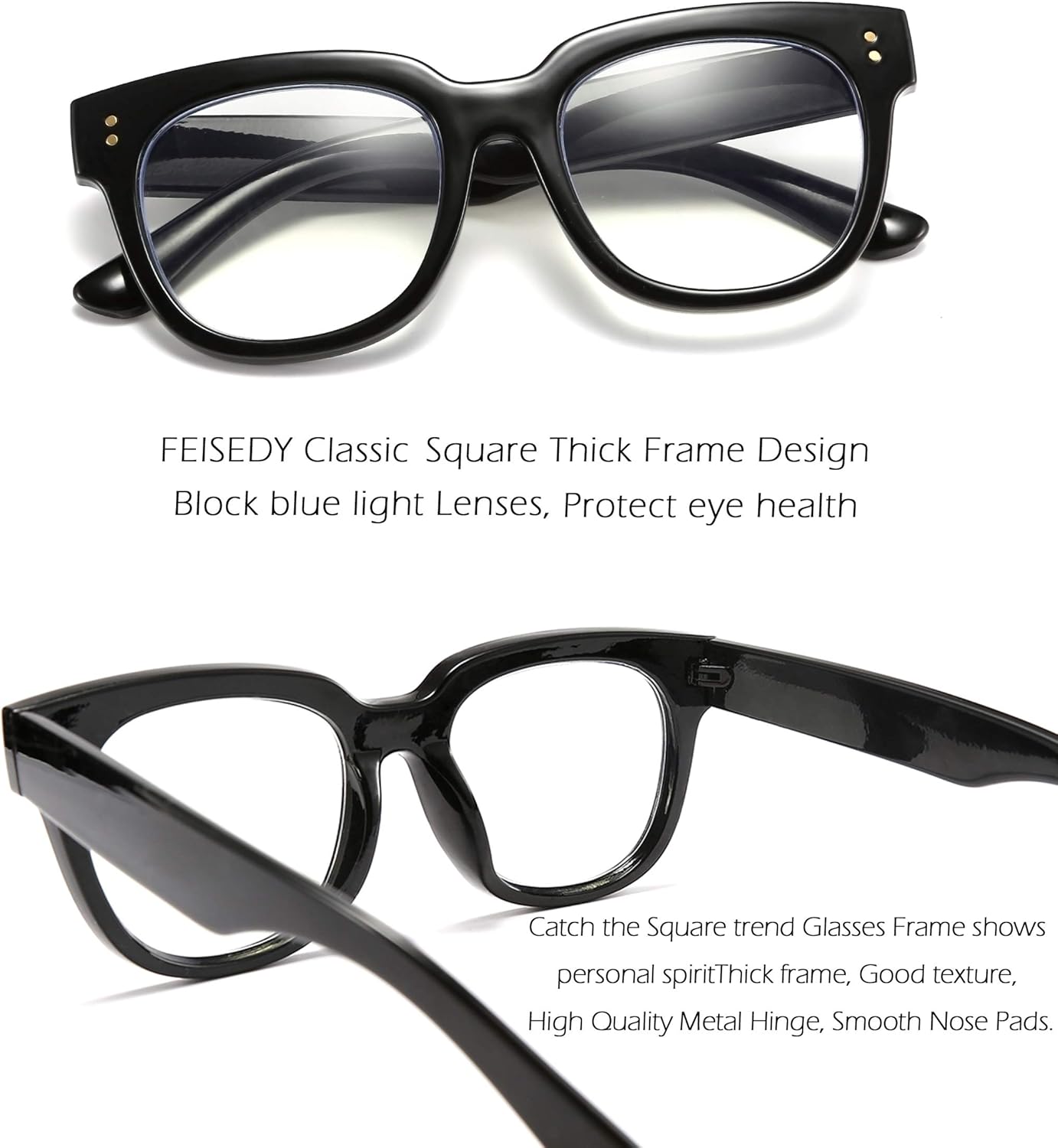 FEISEDY Retro Square Anti Azul Bloqueo de Luz Gafas Mujeres Grueso Gran Tamaño Gafas de Computadora Doble Metal Studs B2689