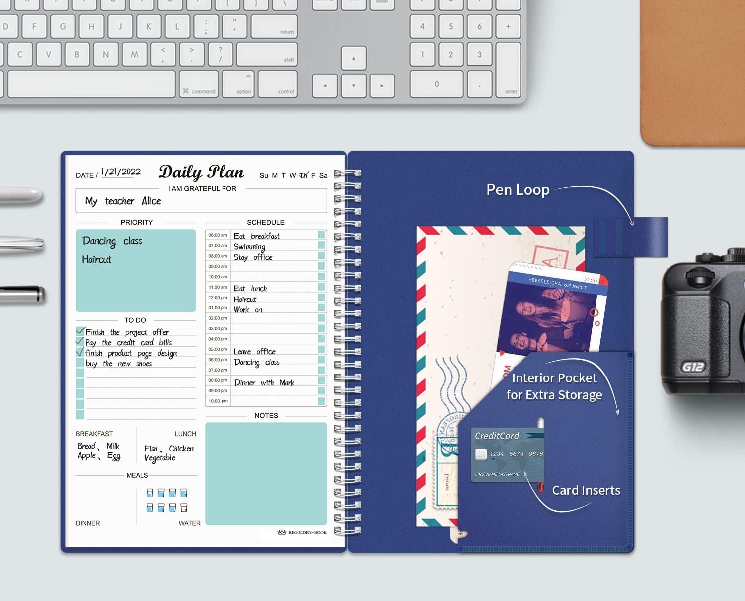 Agenda diaria sin fecha, cuaderno de lista de tareas con calendario por hora Regolden-Book calendarios de comida, organizador de citas en espiral