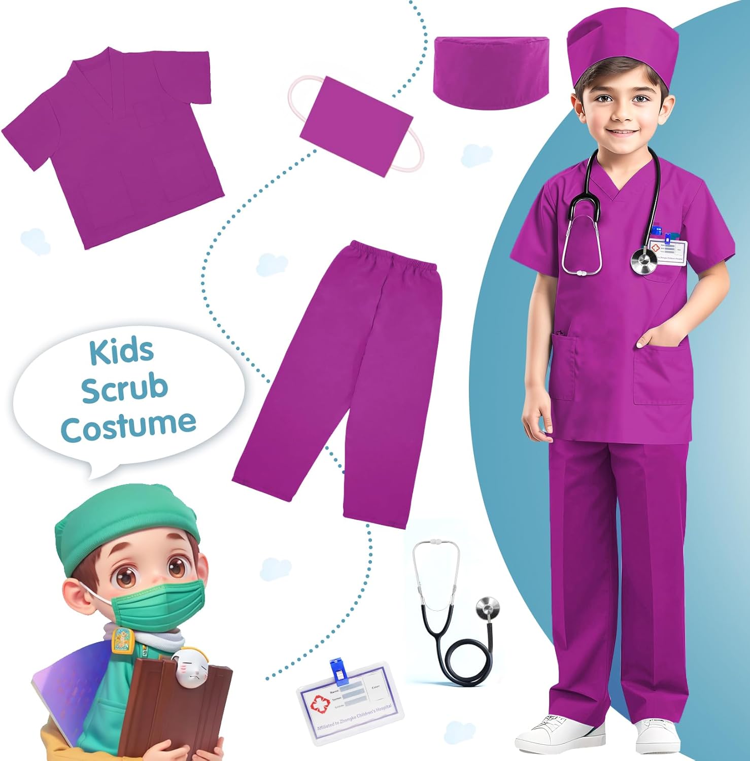 RioRand Disfraz de médico para niños, enfermeras con accesorios, disfraz de Navidad para niños y niñas de 3 a 11 años