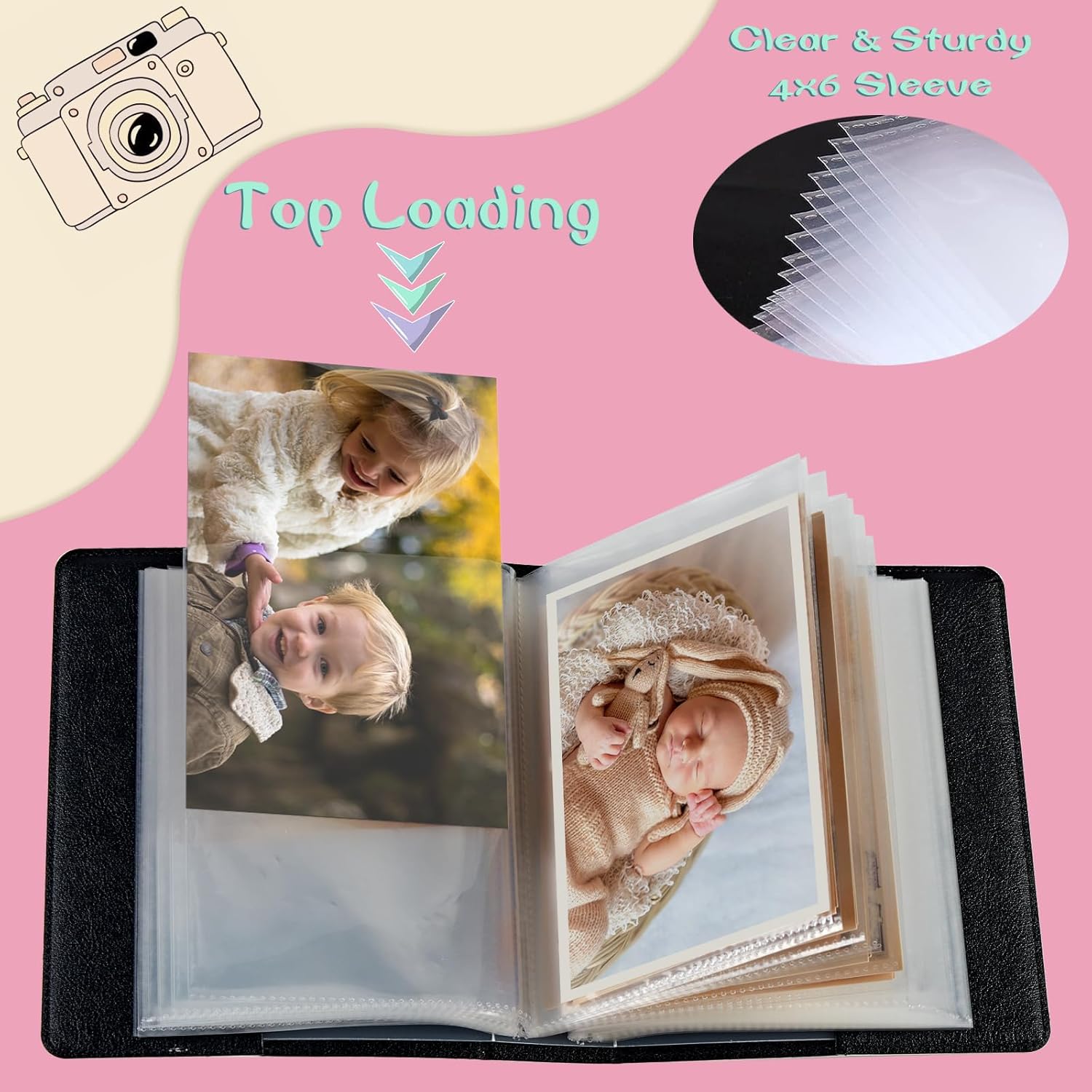 Álbum de fotos de 4 x 6 pulgadas, capacidad para 60 fotos, cubierta de piel sintética, álbum de fotos con banda elástica fuerte, álbum de fotos