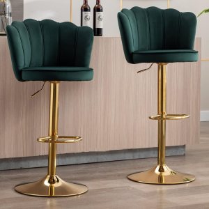 Kmax Taburetes de bar de terciopelo giratorios de altura ajustable con base dorada, reposapiés de cabeza de clavos, respaldo de pétalos para isla de Kmax Taburetes de bar de terciopelo giratorios de altura ajustable con base dorada, reposapiés de cabeza de clavos, respaldo de pétalos para isla de