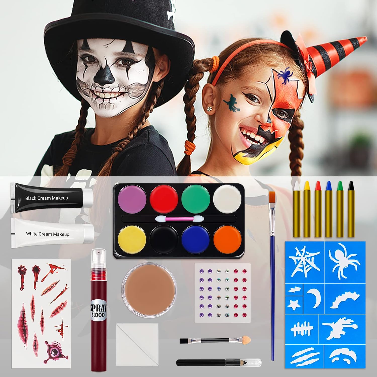 Kit de maquillaje de Halloween, pintura facial de esqueleto blanco y negro, paleta de maquillaje de bruja payaso, maquillaje de zombi vampiro para