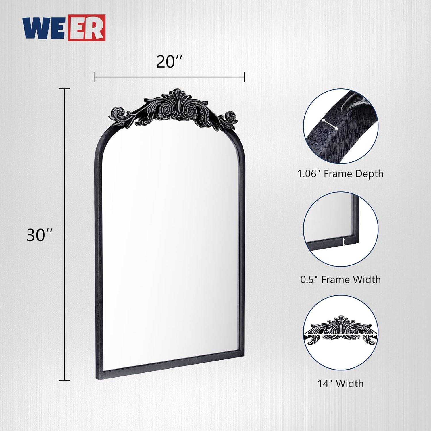 WEER Espejo de arco tradicional de 20 x 32 pulgadas, espejo de baño antiguo con marco negro, espejo de baño vintage negro para pared, vidrio