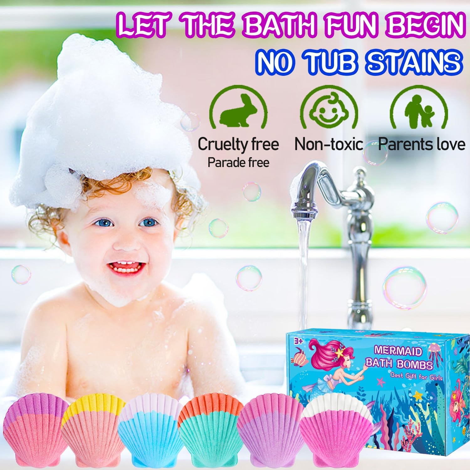 Bombas de baño de sirena para niñas y niños con sorpresa en el interior, 6+10 piezas, regalos de sirena para niñas, juguetes de 4, 5, 6, 7, 8 años,