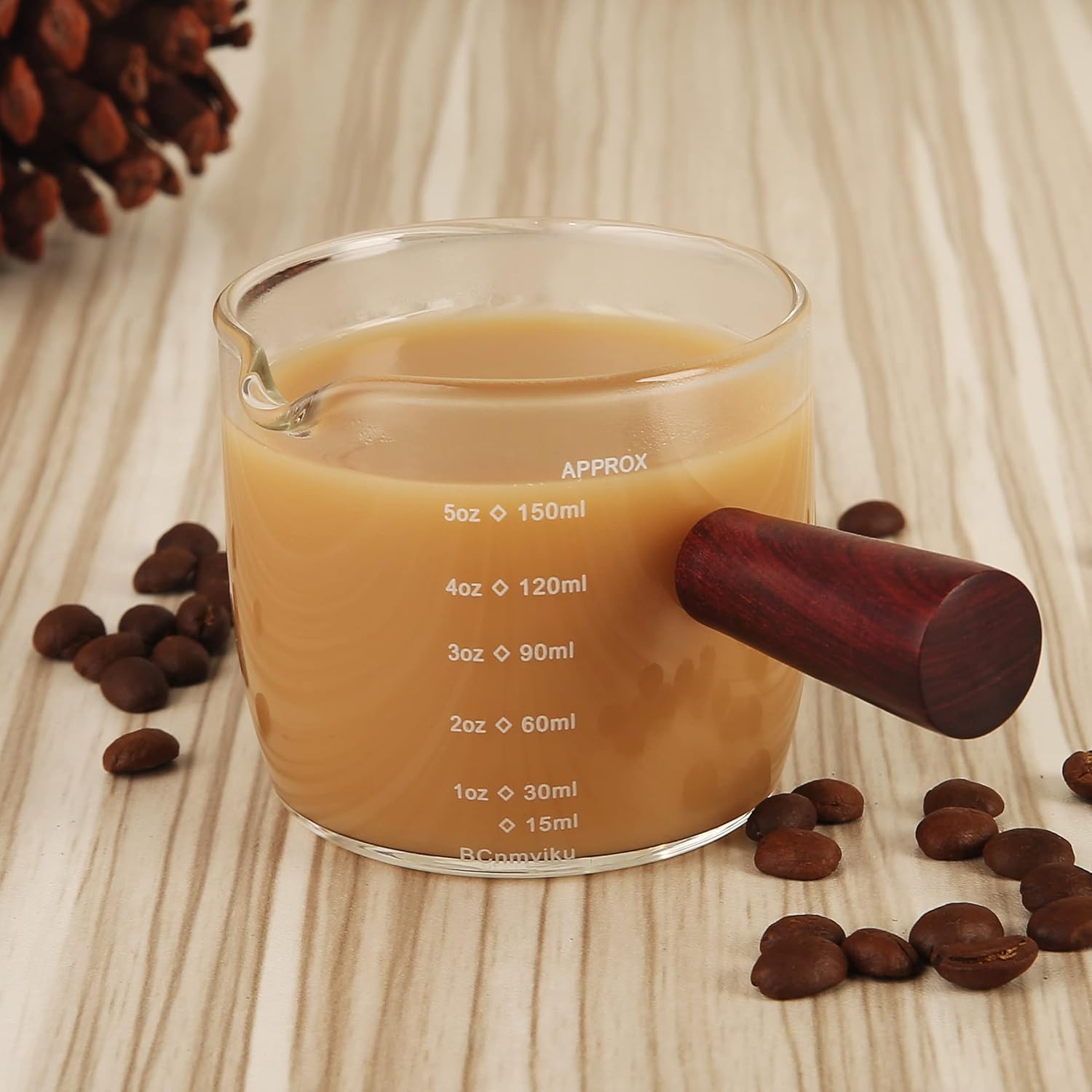 BCnmviku Vaso de chupito de café expreso, 5.1 fl oz, 5 onzas, triple jarra barista con mango de madera (1)