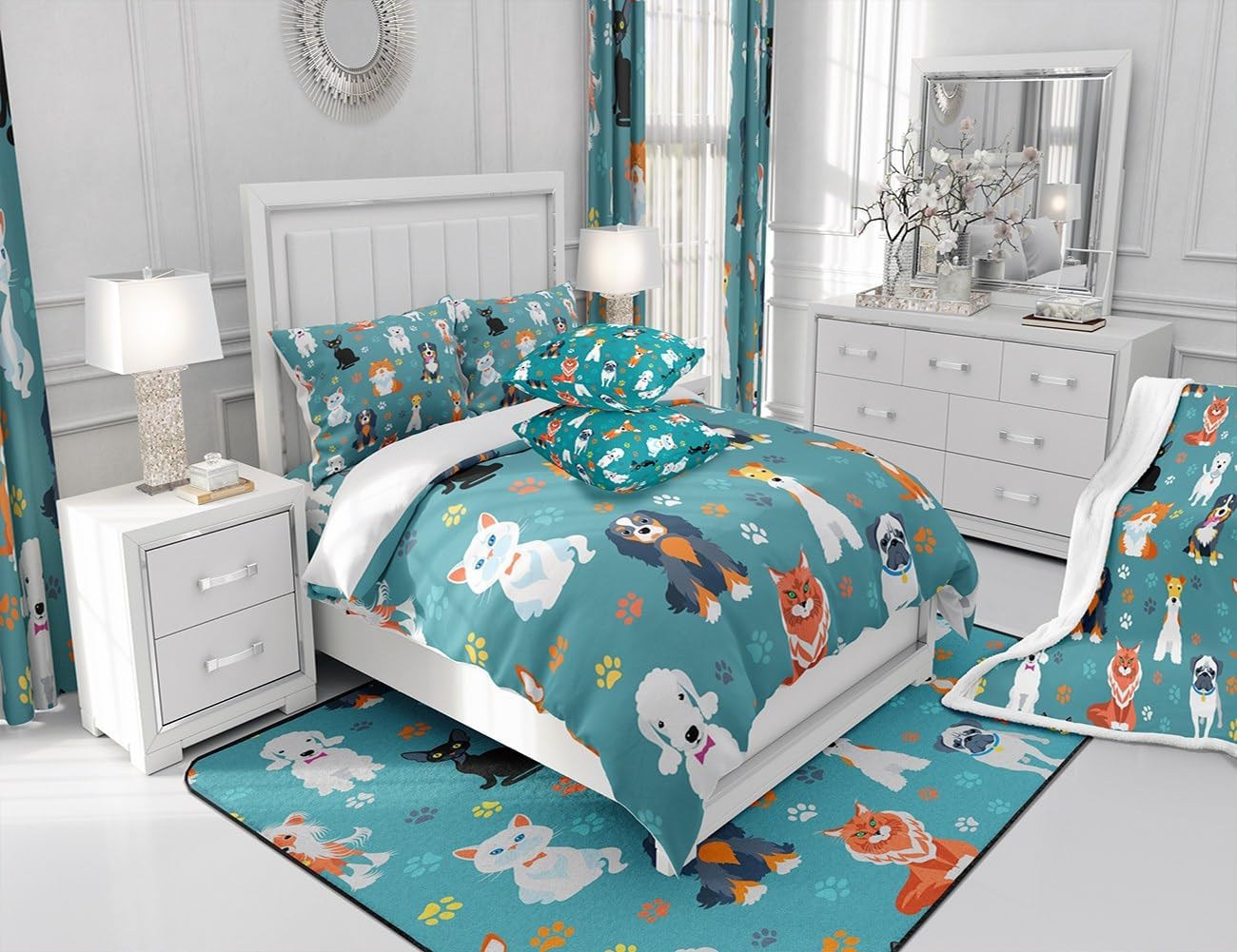 Juego de edredón lindo de perro y gato, tamaño matrimonial, juego de ropa de cama colorido con estampado de patas de cachorro, 3 piezas para niños y
