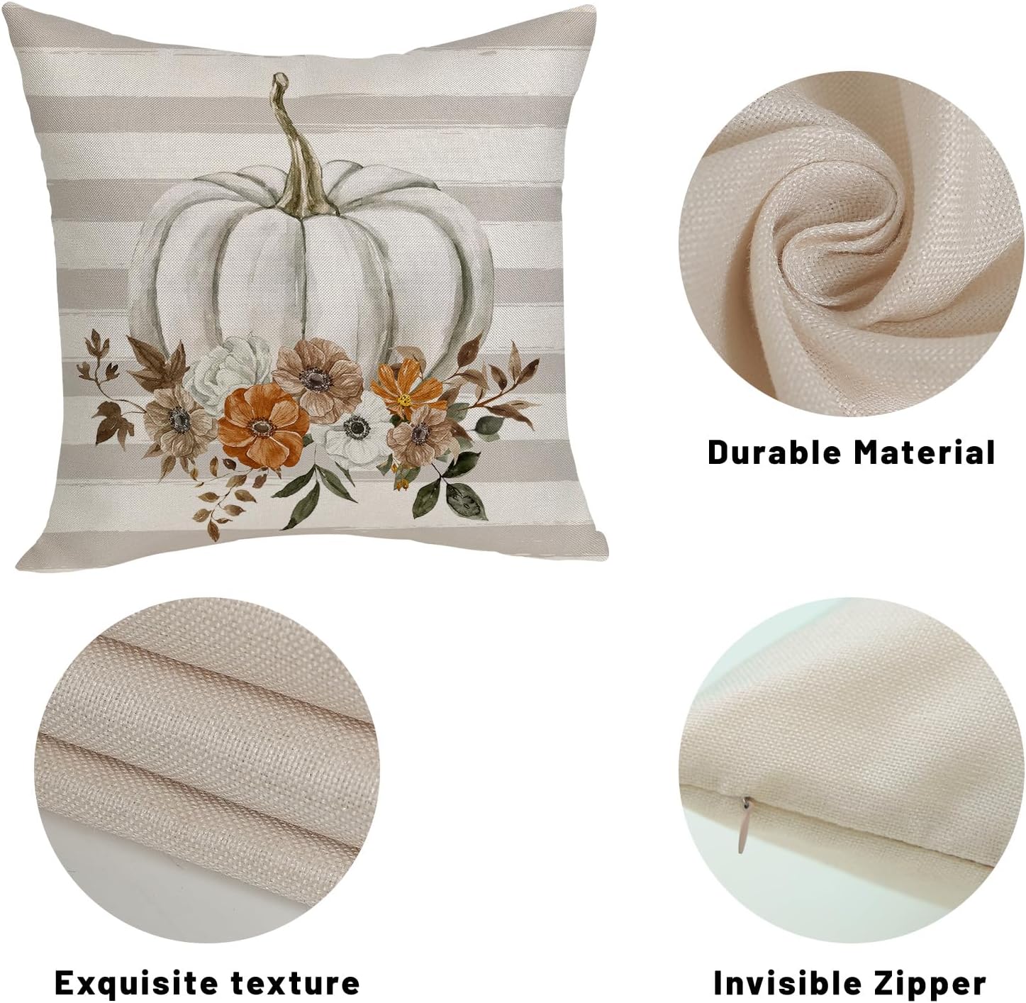 Fundas de almohada de otoño de 18 x 18 pulgadas, paquete de 2 fundas de almohada decorativas de otoño con flores y rayas, funda de cojín decorativa