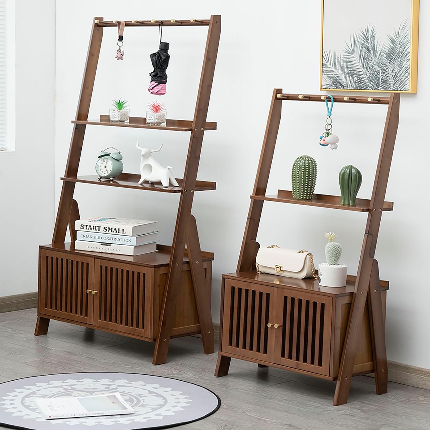 K KELBEL Estante de escalera de bambú moderno, estantería alta de madera, estantes de pared inclinados, estantes de almacenamiento abiertos para