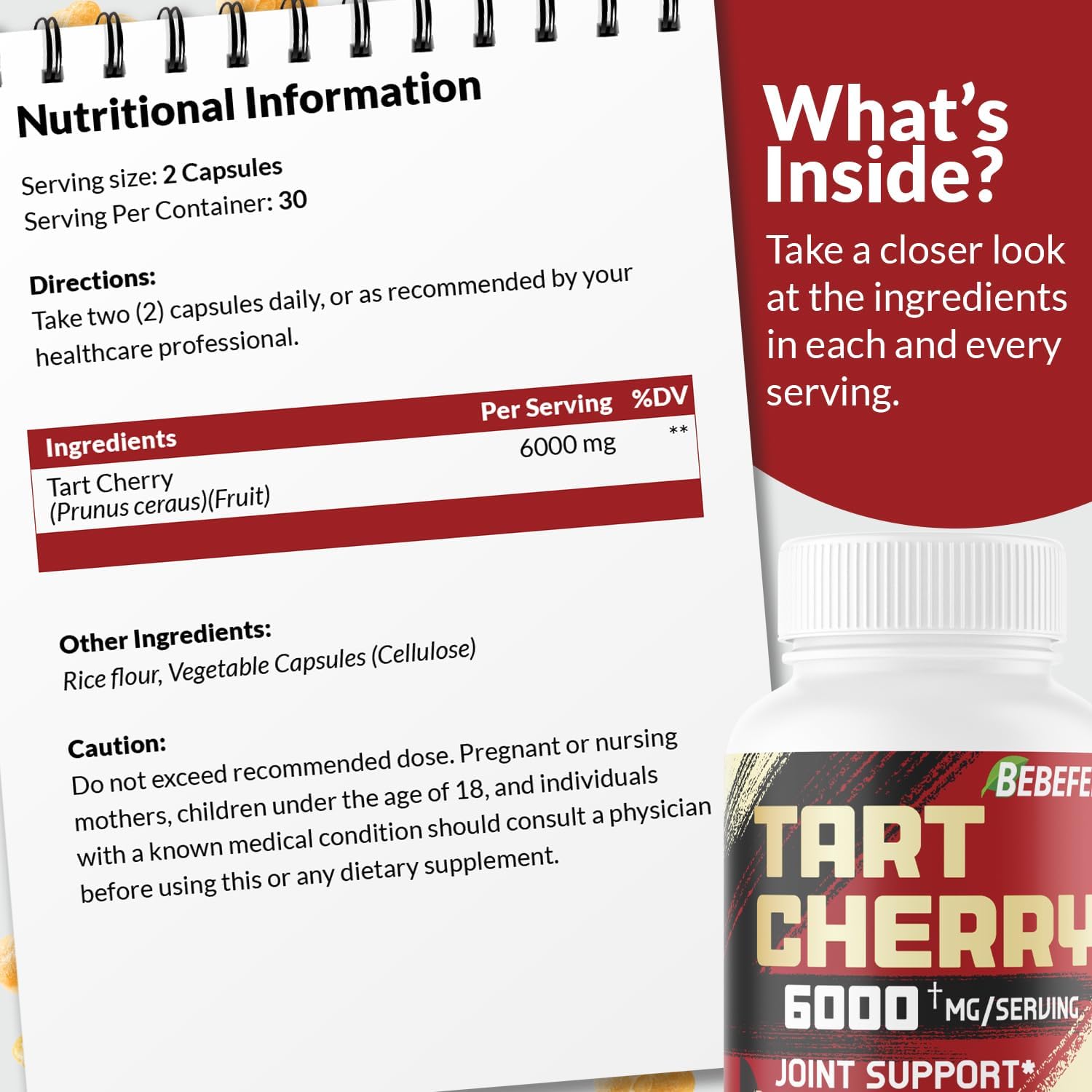 BEBEFEN Cápsulas de cereza ácida de 6000 mg  Extracto de jugo de cereza agria  Salud de las articulaciones, masa muscular y descanso bien