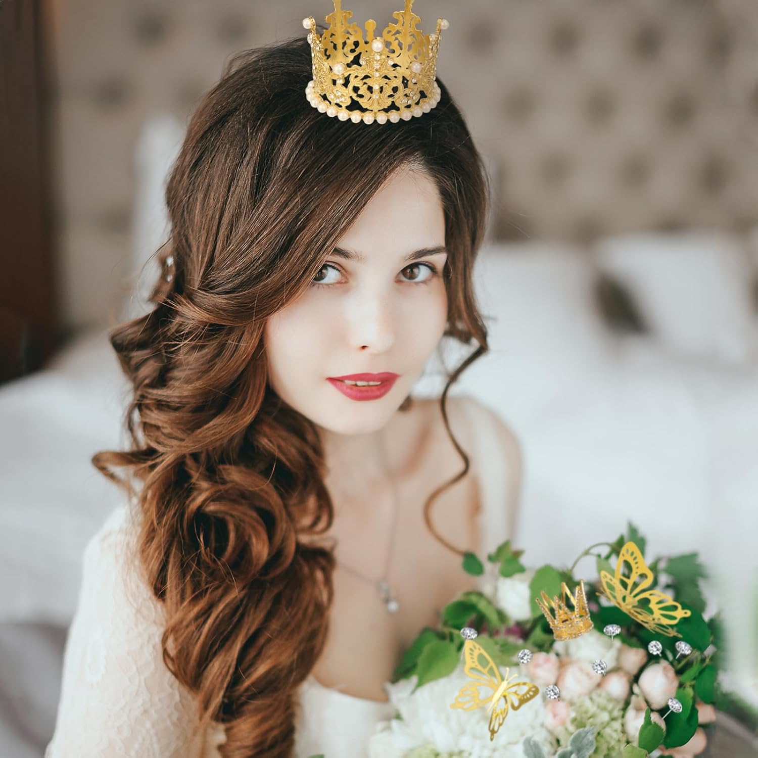 163 piezas de accesorios para ramo de flores, incluye papel de regalo de flores, cabeza de diamante, alfileres rectos, mini corona, decoración de
